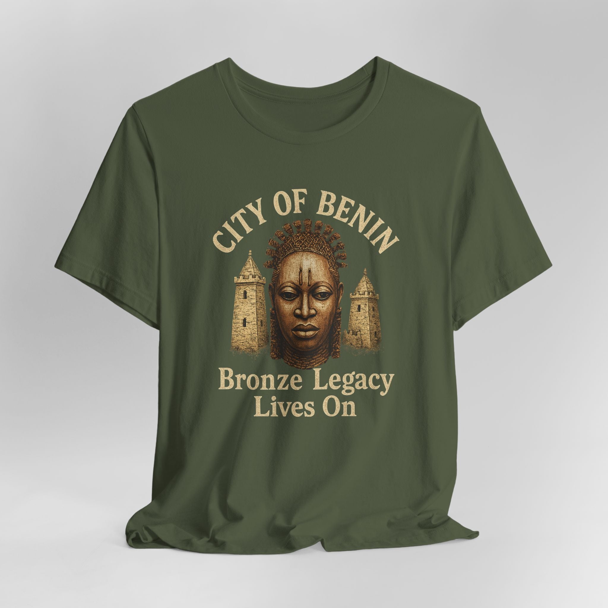 Green t-shirt with 'City of Benin Bronze Legacy Lives On' design on a gray background