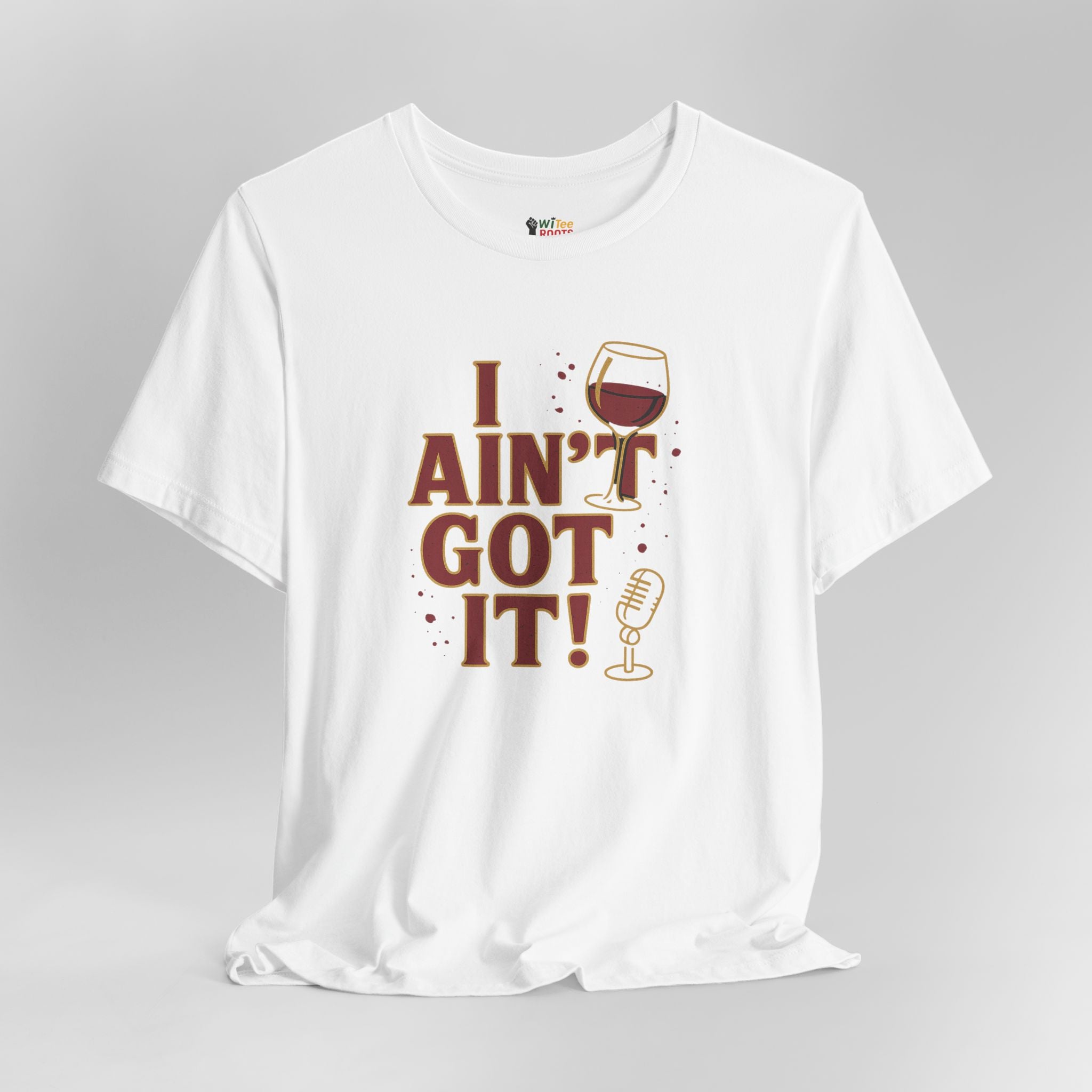 White t-shirt with a graphic design and text on a gray background