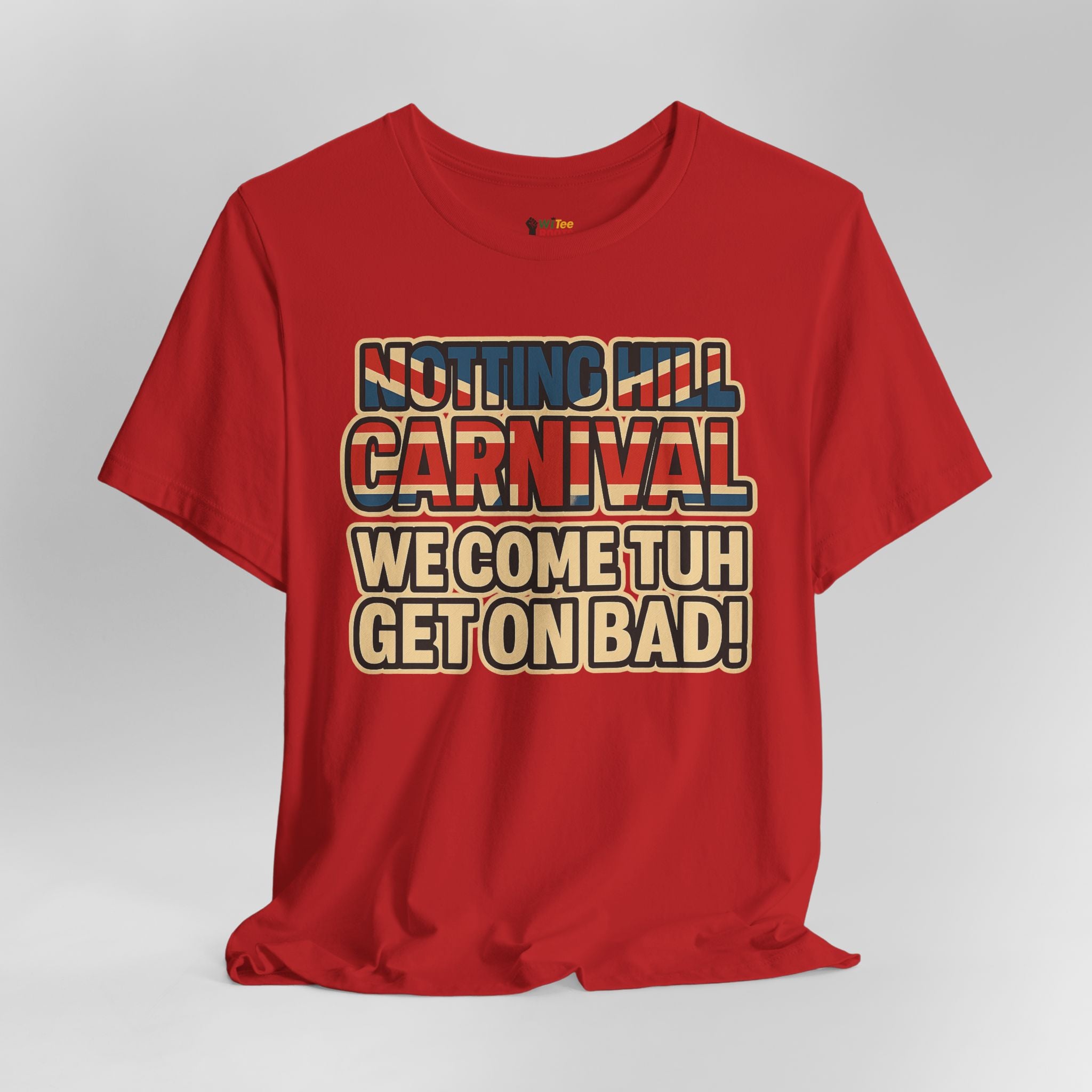 Red t-shirt with colorful text on a gray background