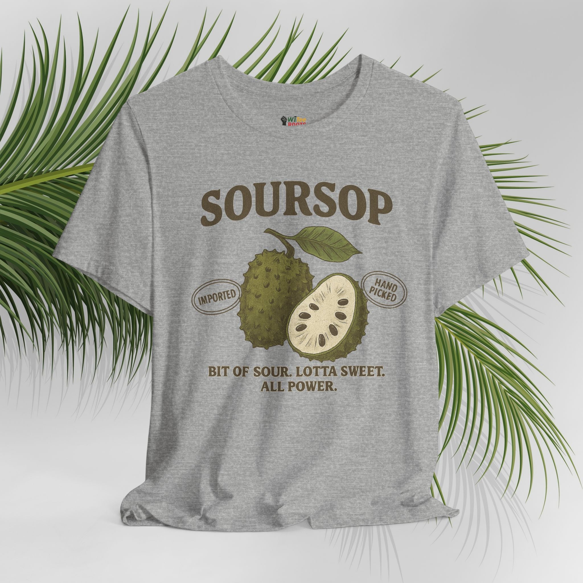 Gray t-shirt with soursop graphic and text on a white background with green leaves.