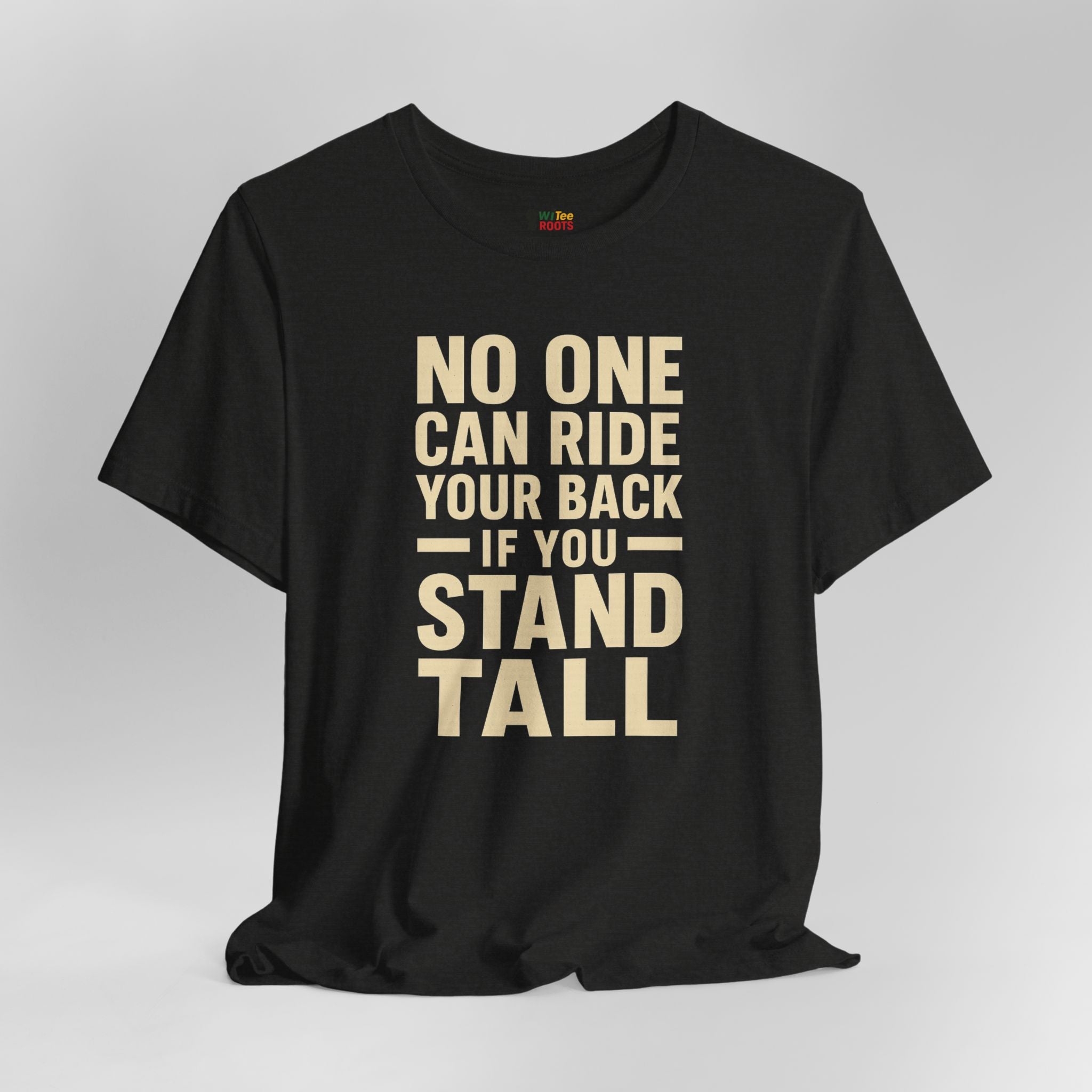Black t-shirt with motivational quote on a gray background