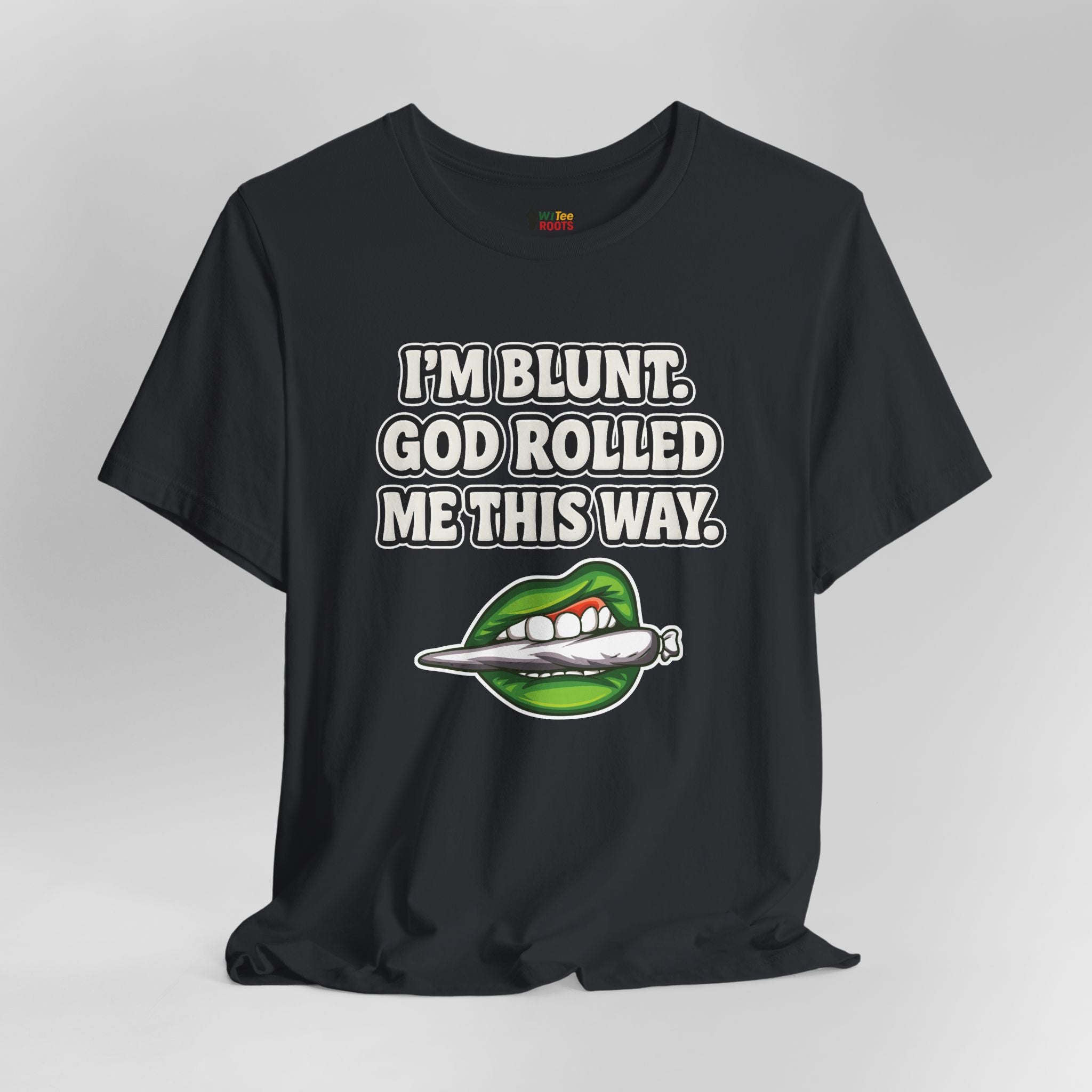 Black t-shirt with graphic design and text on a gray background