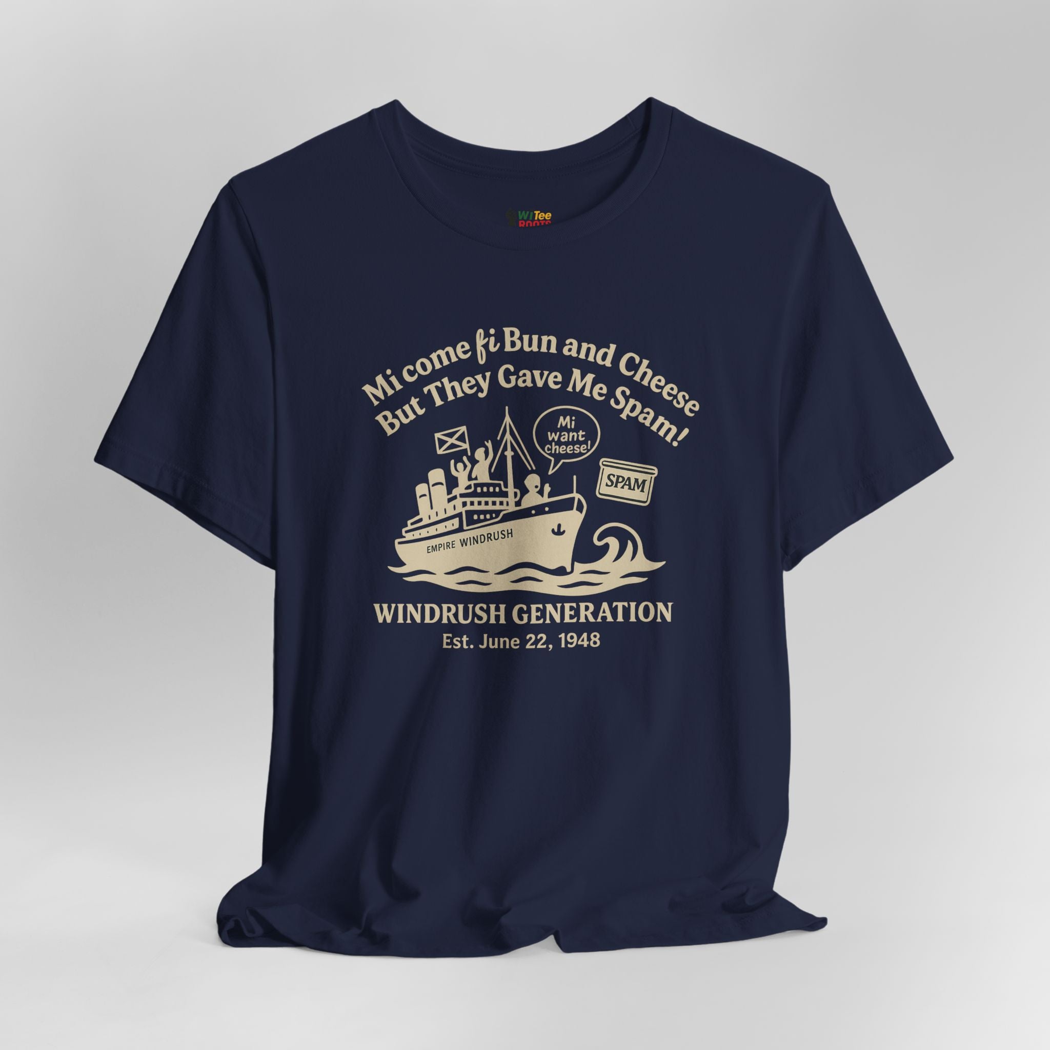 Navy blue t-shirt with white text and graphics on a gray background