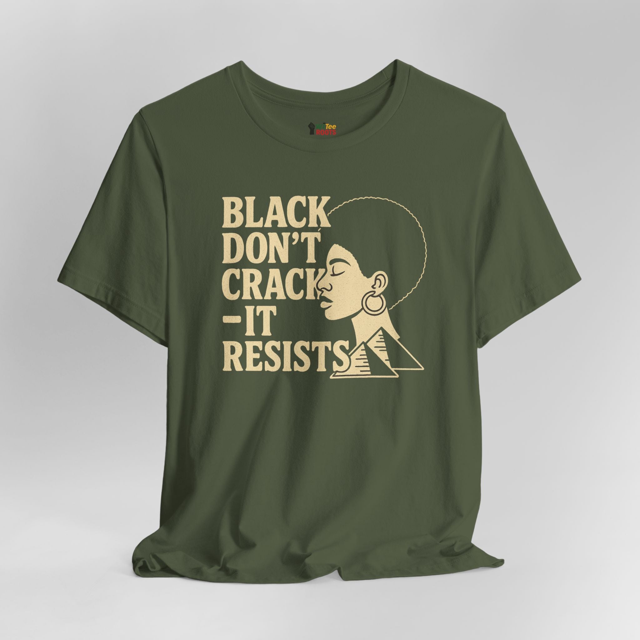 Green t-shirt with a graphic and text on a gray background