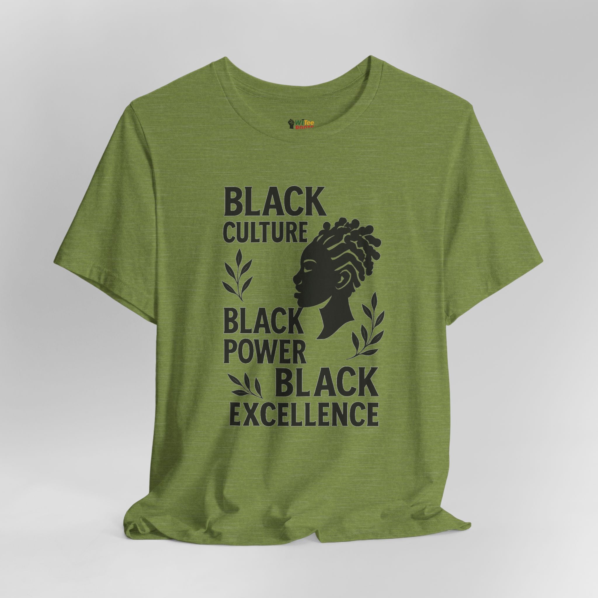 Green t-shirt with black text and silhouette design on a white background