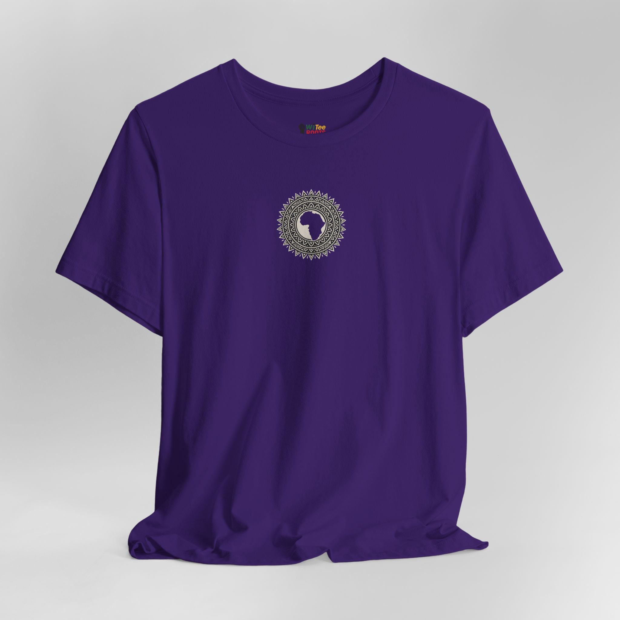 Purple t-shirt with a circular design on a gray background