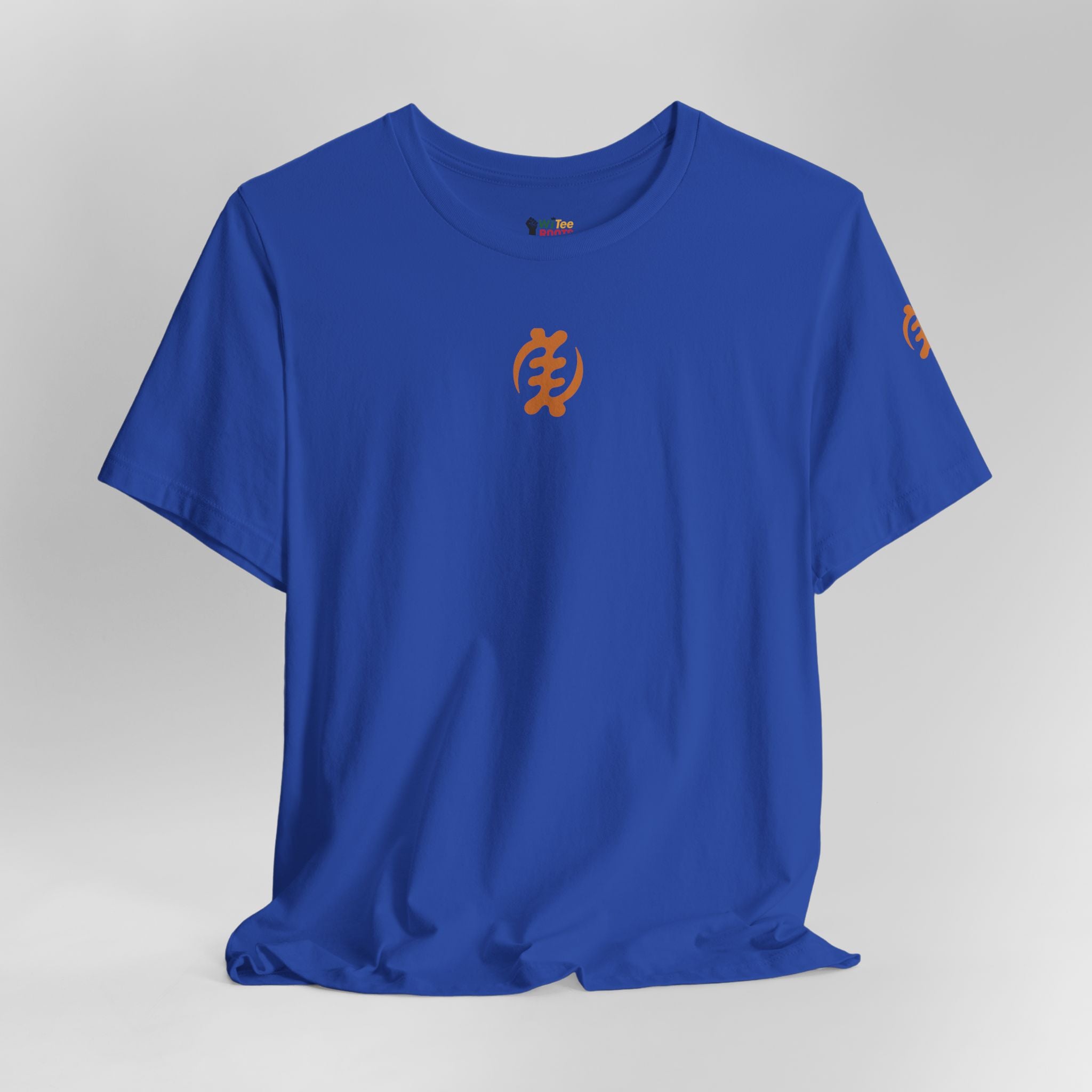 Blue t-shirt with orange logo on a gray background