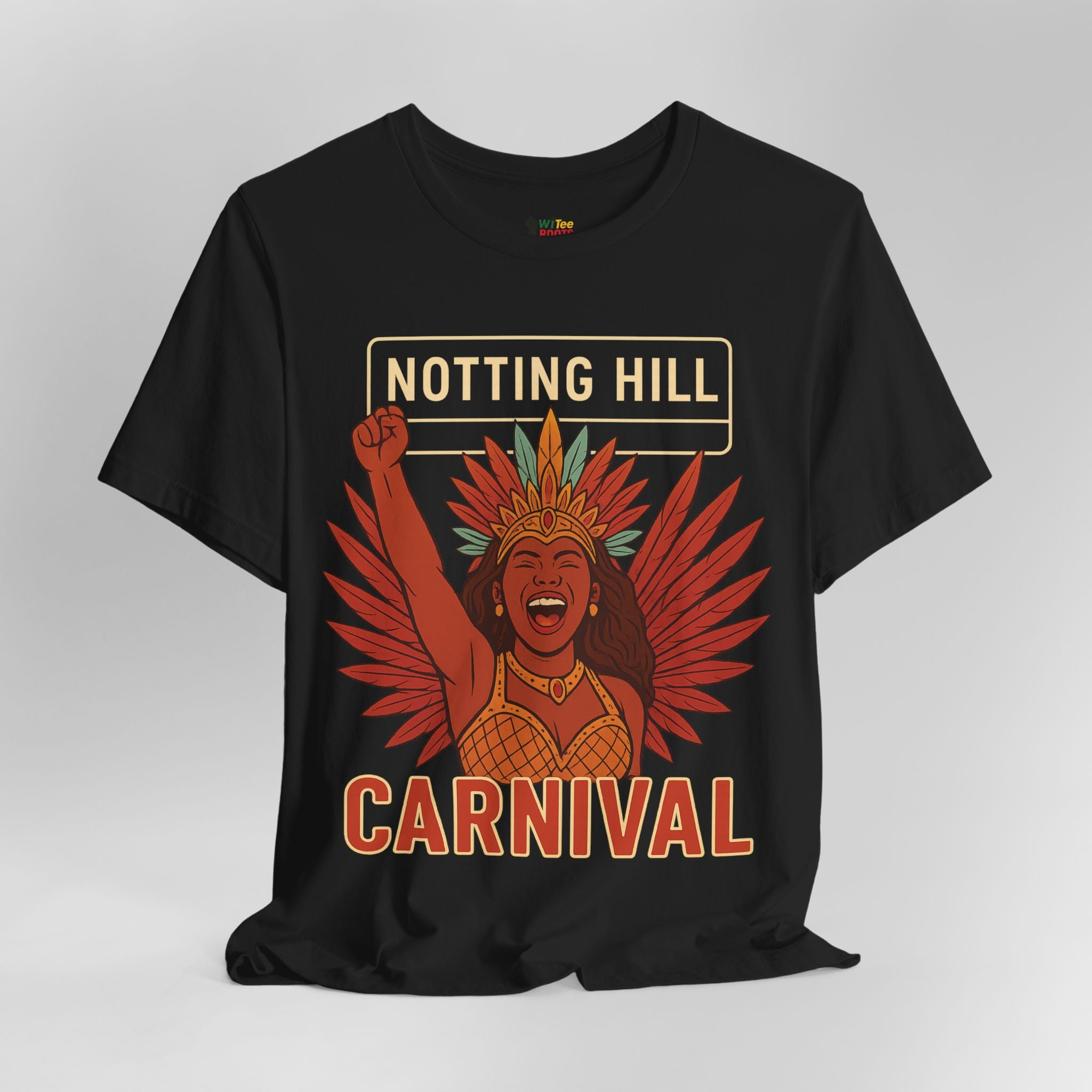 Black t-shirt with 'Notting Hill Carnival' design featuring a person with raised fist and feathers on a gray background.