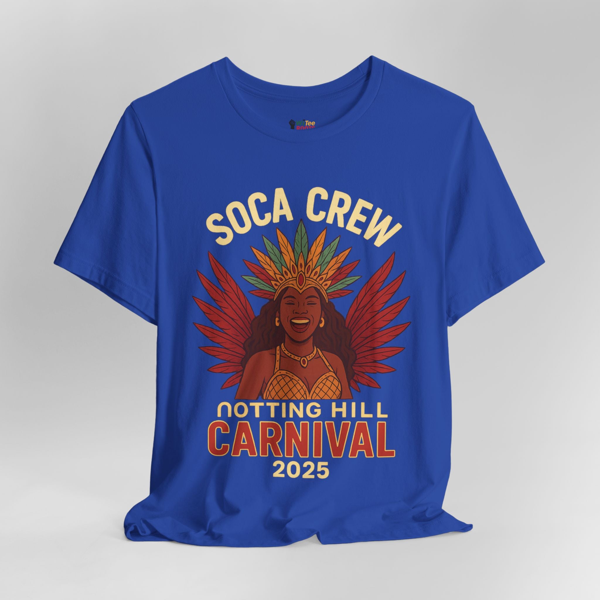 Blue t-shirt with 'Soca Crew Notting Hill Carnival 2025' design on a gray background