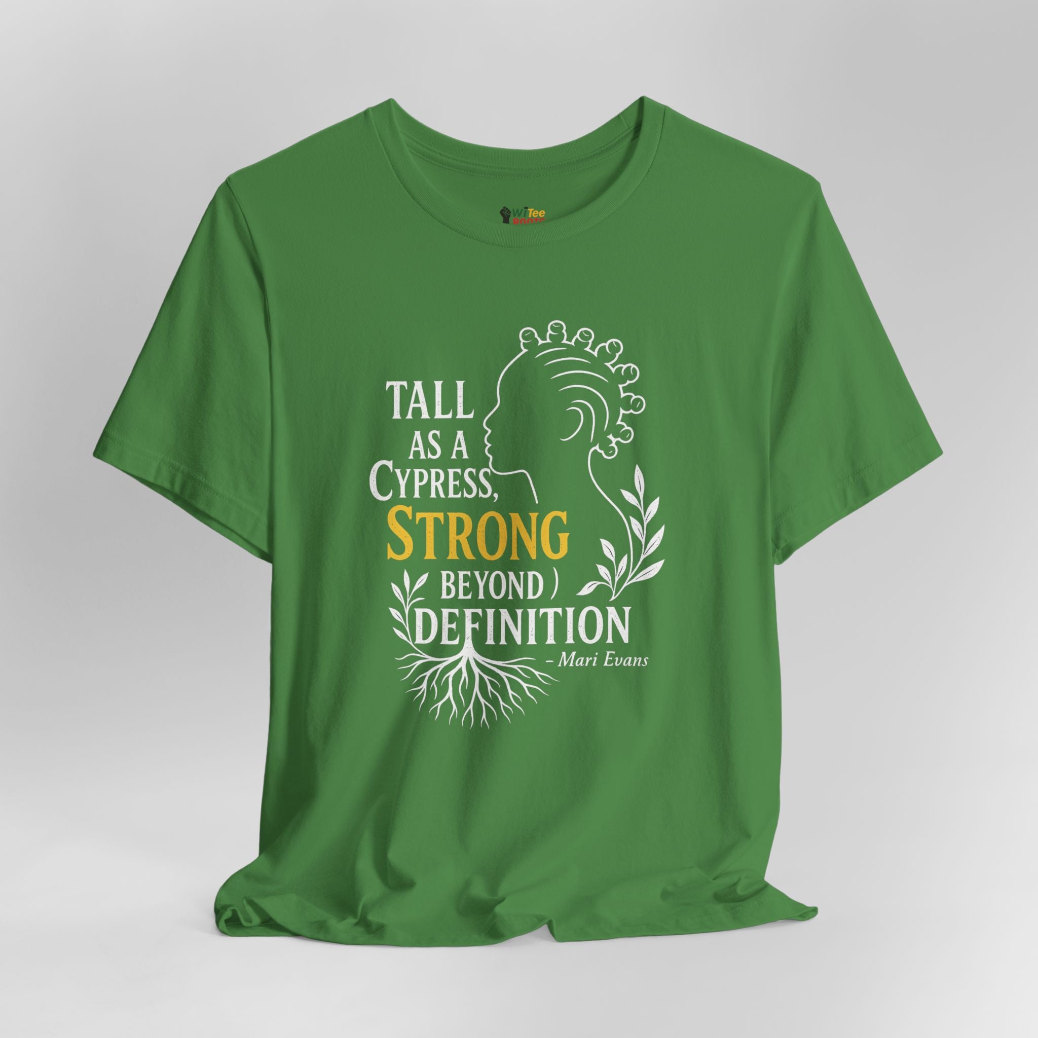 Green t-shirt with motivational quote design on a gray background