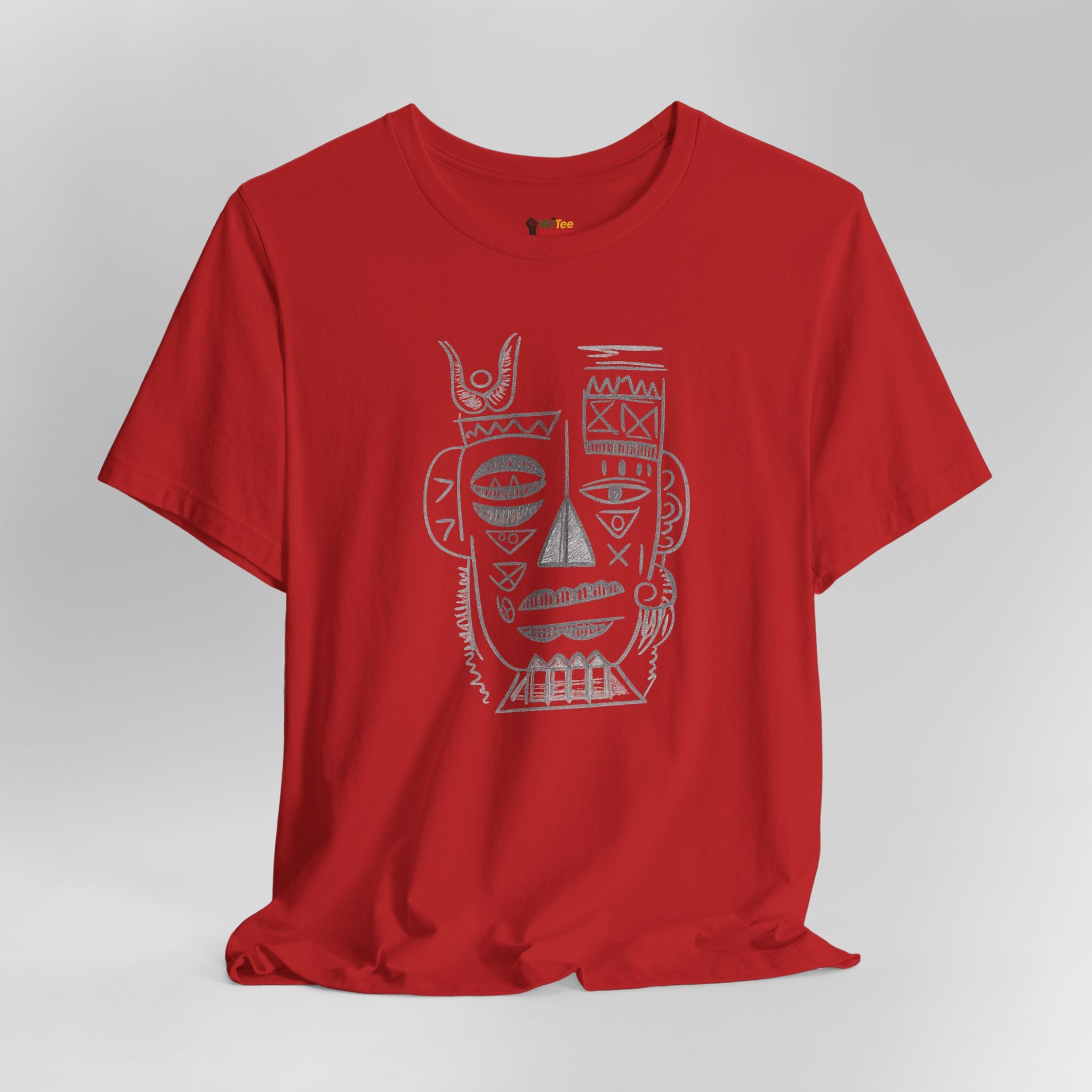 Red t-shirt with a white graphic design on a gray background