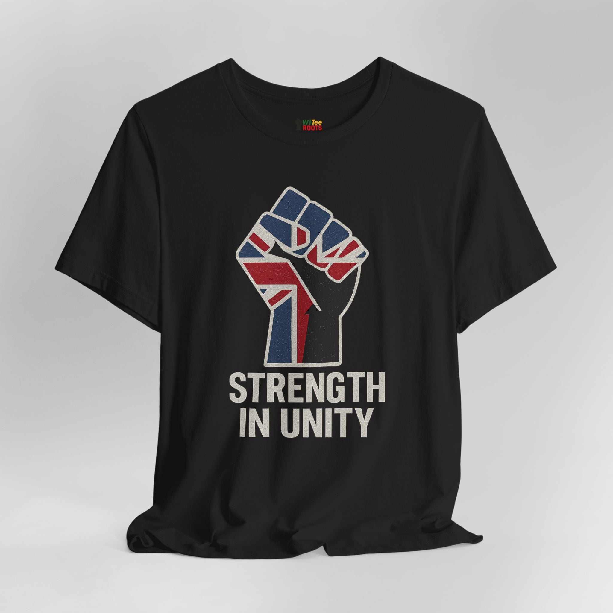 Black t-shirt with a fist holding the Union Jack and 'Strength in Unity' text on a gray background