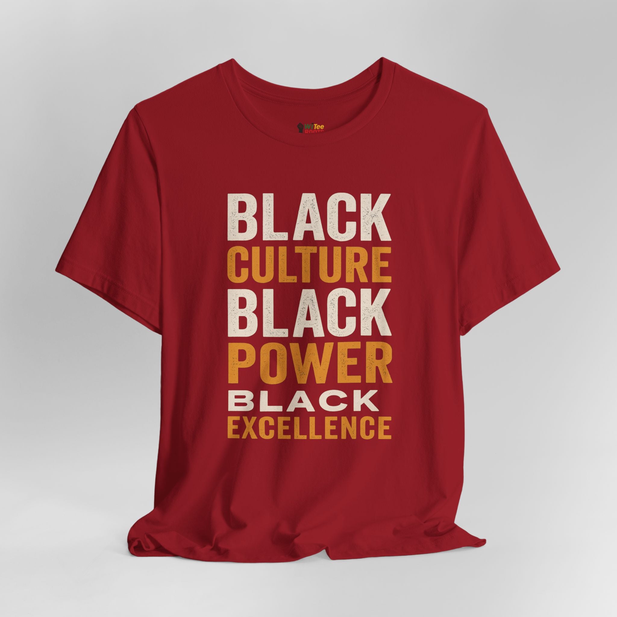 Red t-shirt with 'Black Culture, Black Power, Black Excellence' text on a gray background