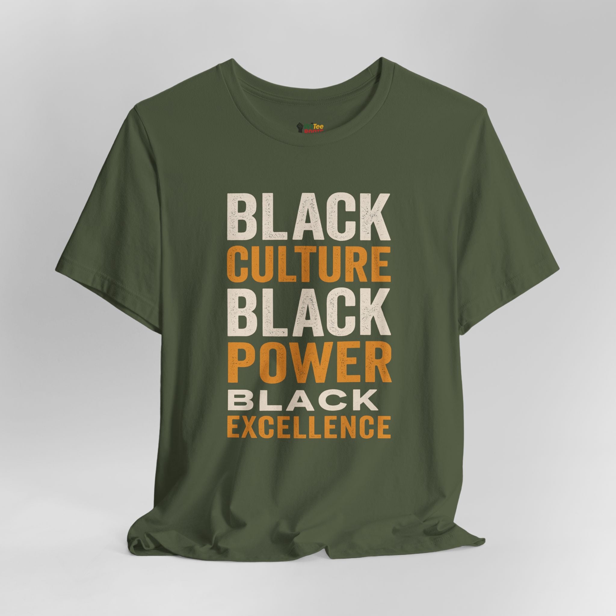 Green t-shirt with 'Black Culture, Black Power, Black Excellence' text on a gray background