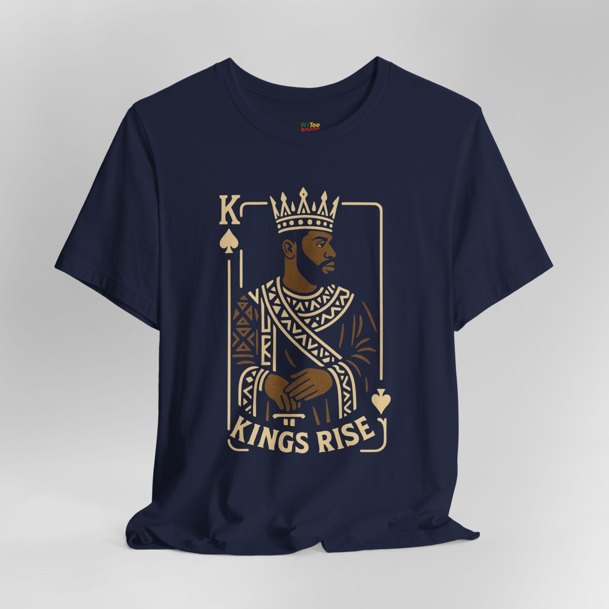 Navy blue t-shirt with gold graphic design on a gray background