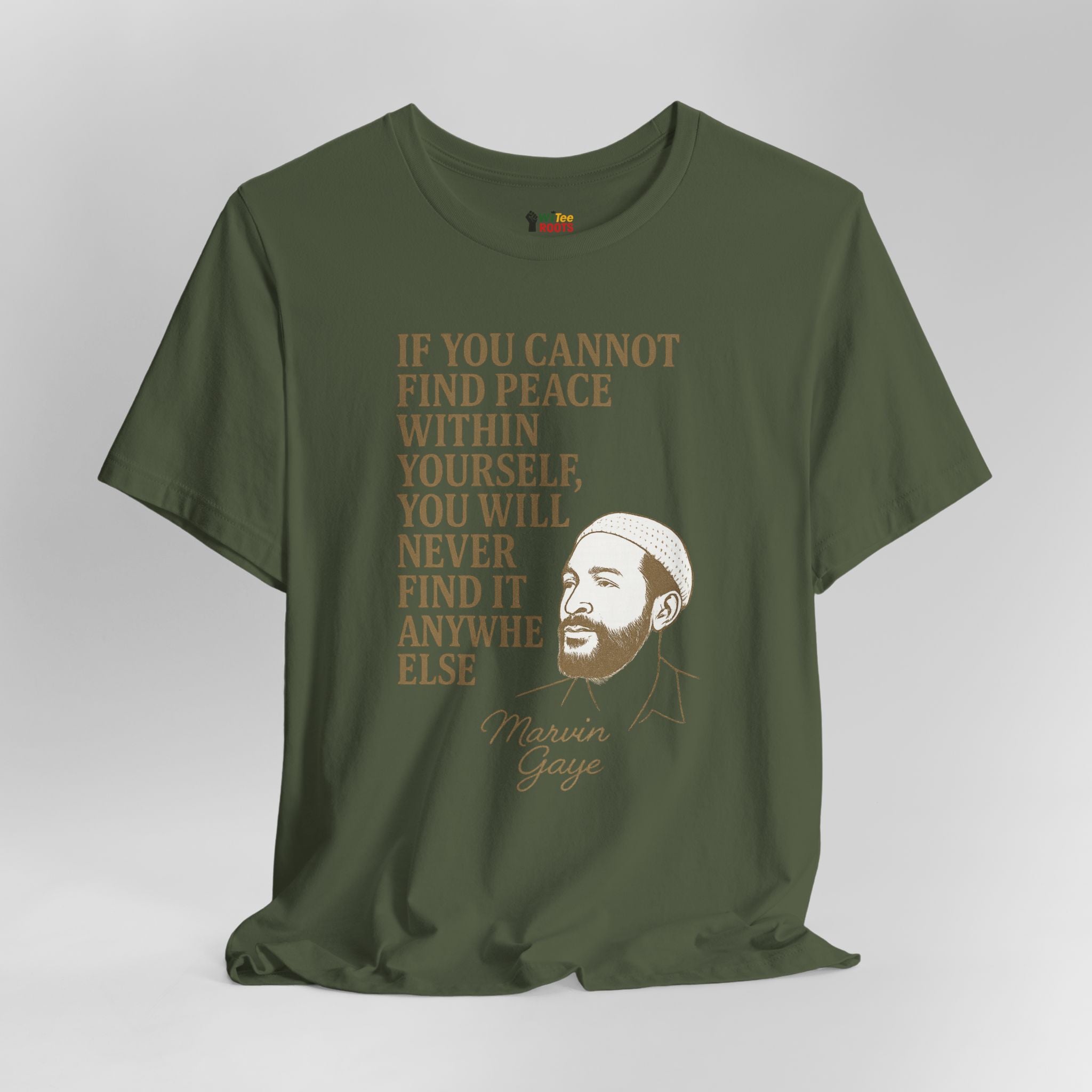 Green t-shirt with a quote and portrait on a gray background