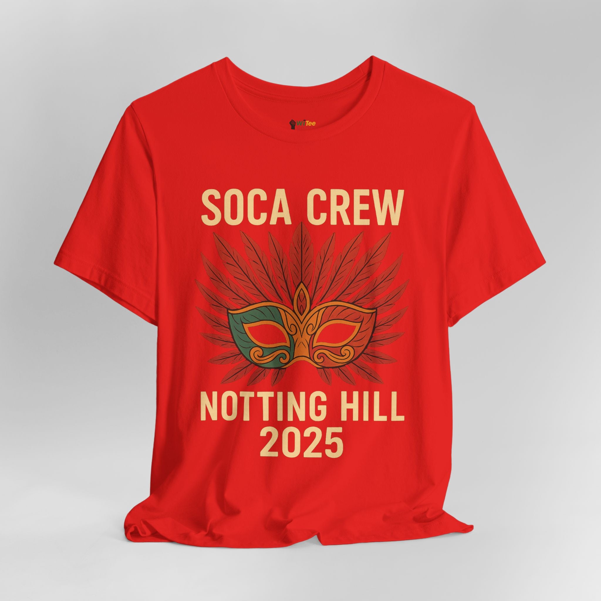 Red t-shirt with 'Soca Crew Notting Hill 2025' text and mask design on a gray background