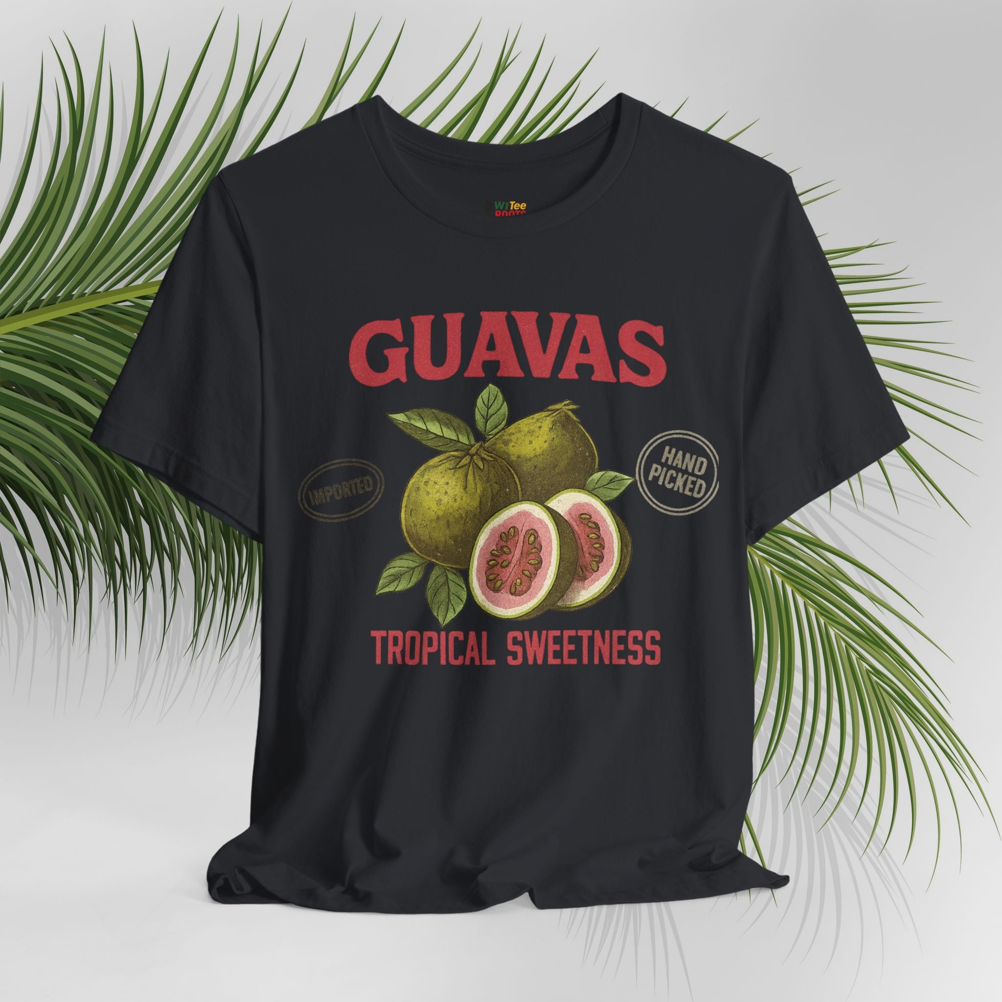 Black t-shirt with guava graphic and text on a white background with green leaves.