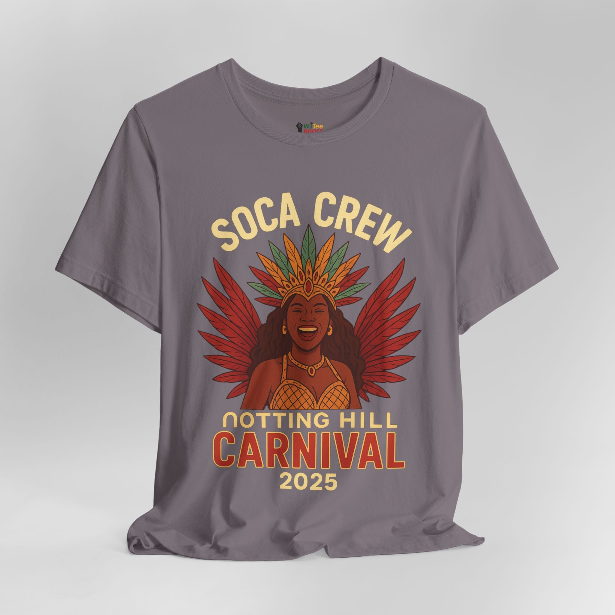 Gray t-shirt with 'Soca Crew Notting Hill Carnival 2025' design on a white background