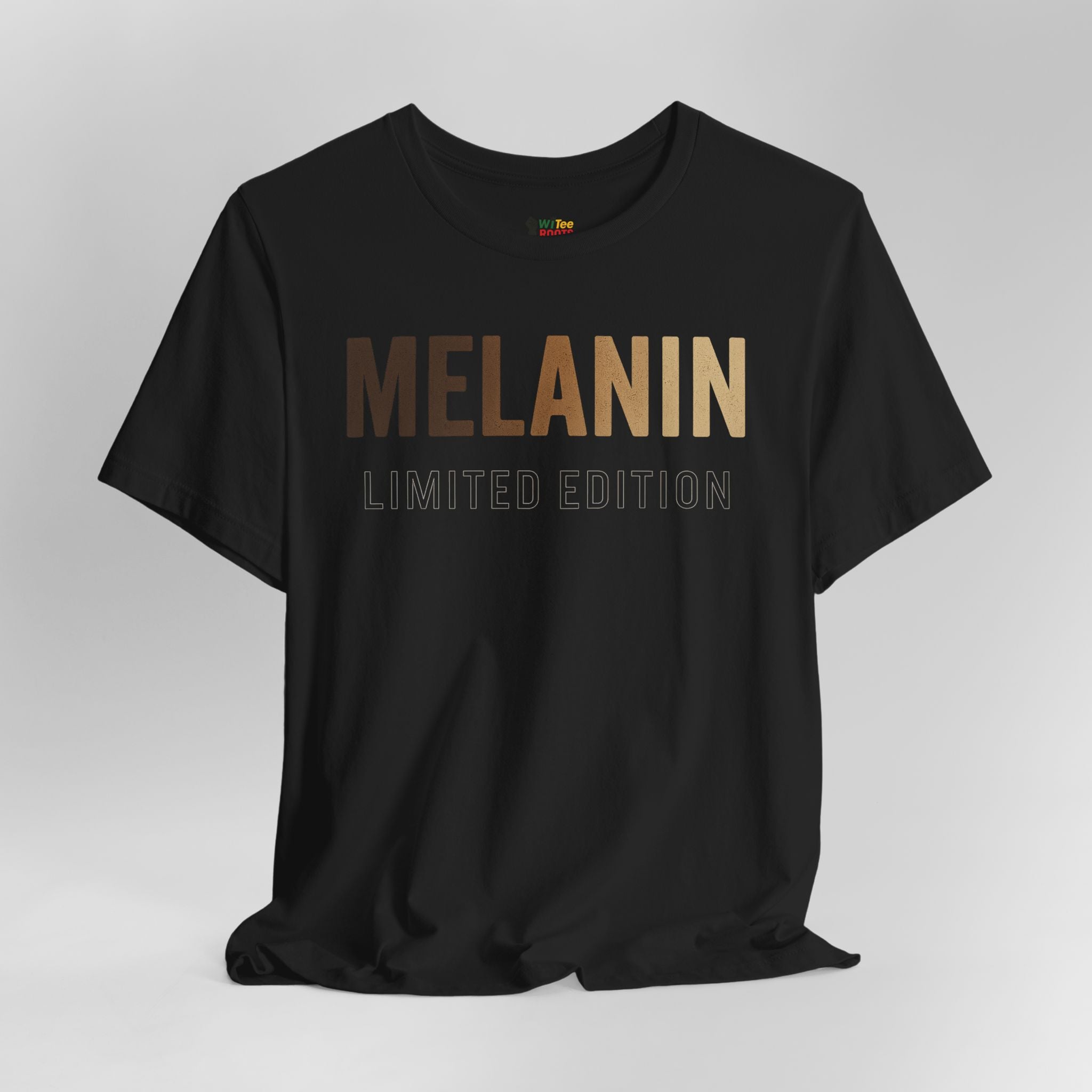Black t-shirt with 'MELANIN LIMITED EDITION' text on a gray background