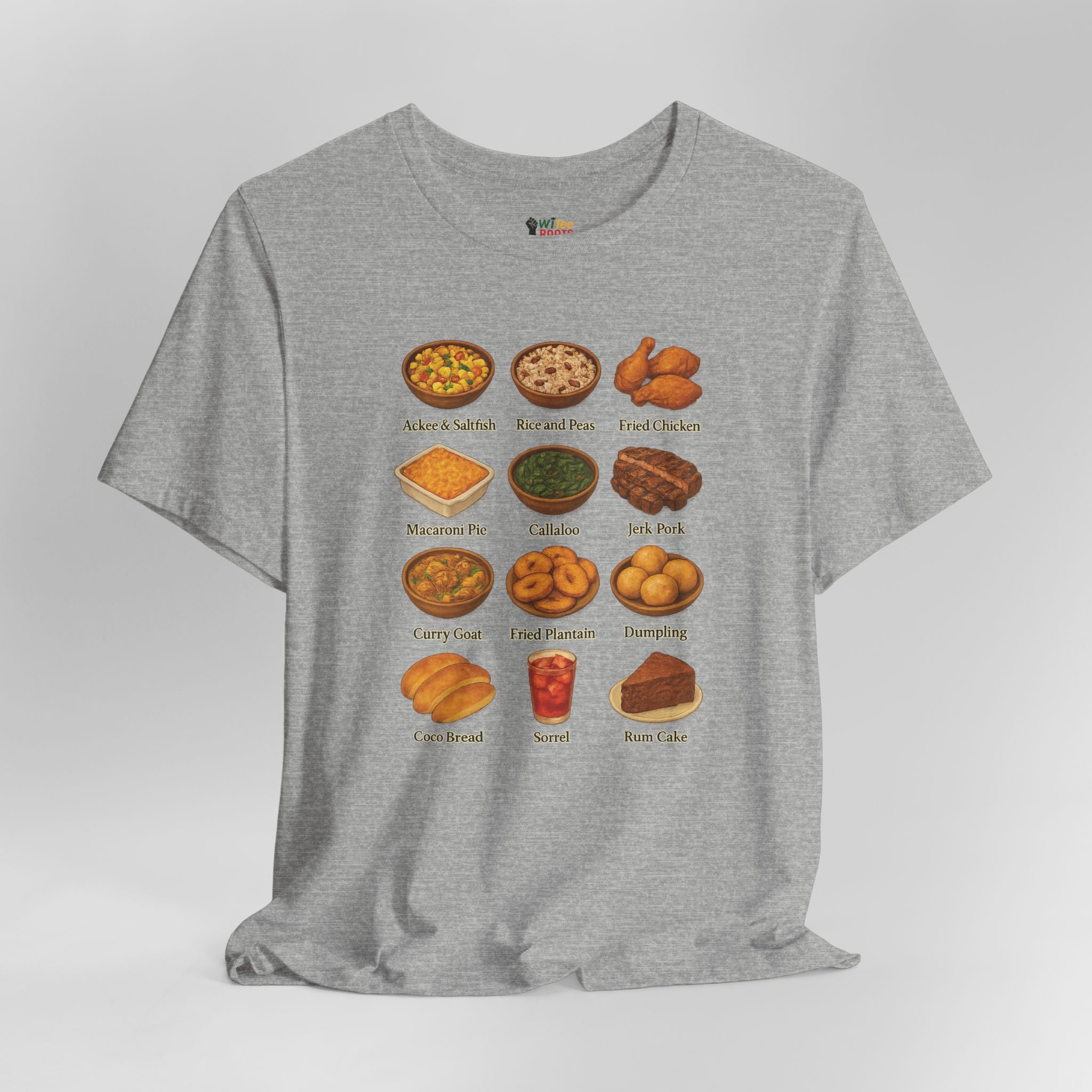 Gray t-shirt with illustrations of various dishes on a light gray background