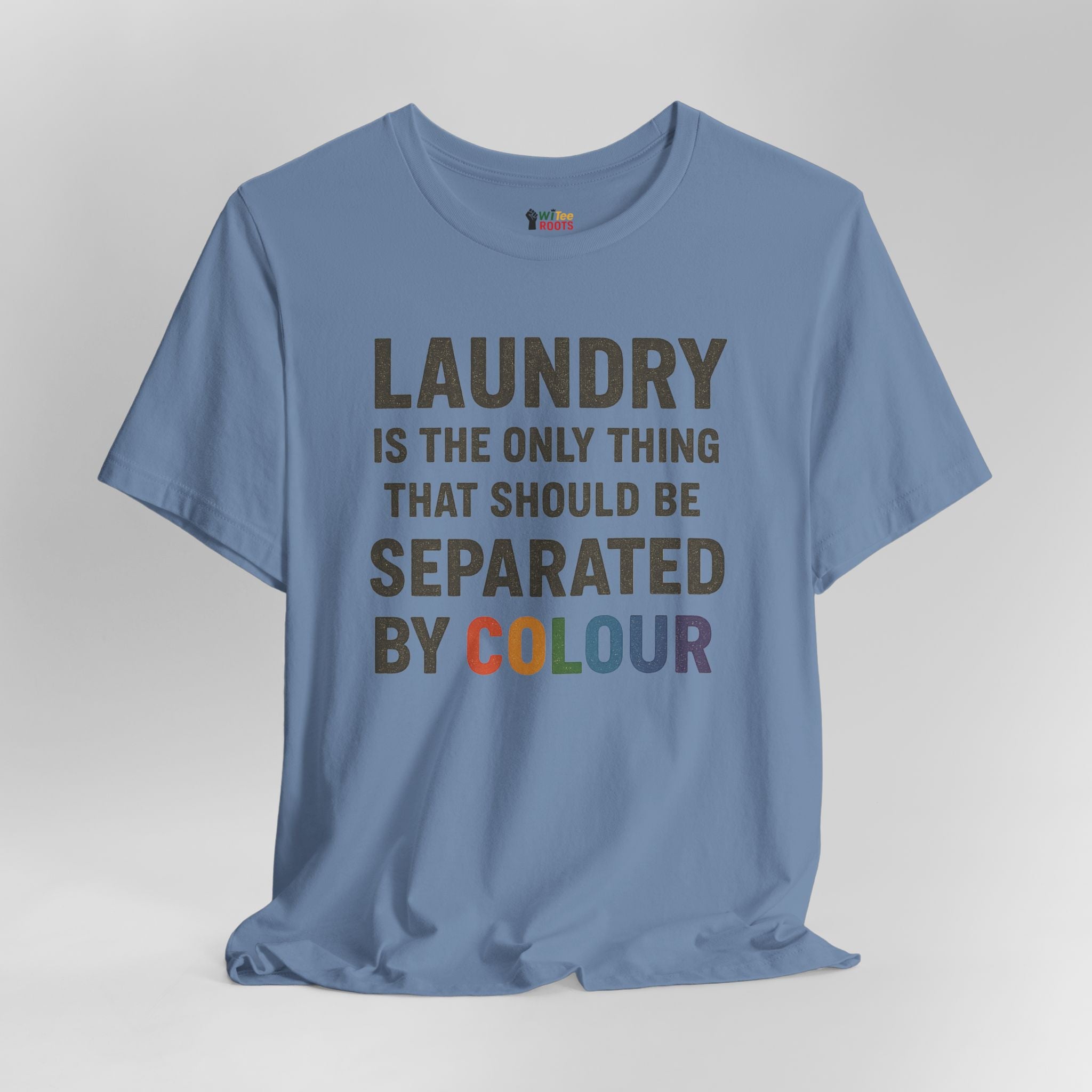 Blue t-shirt with humorous laundry text on a gray background