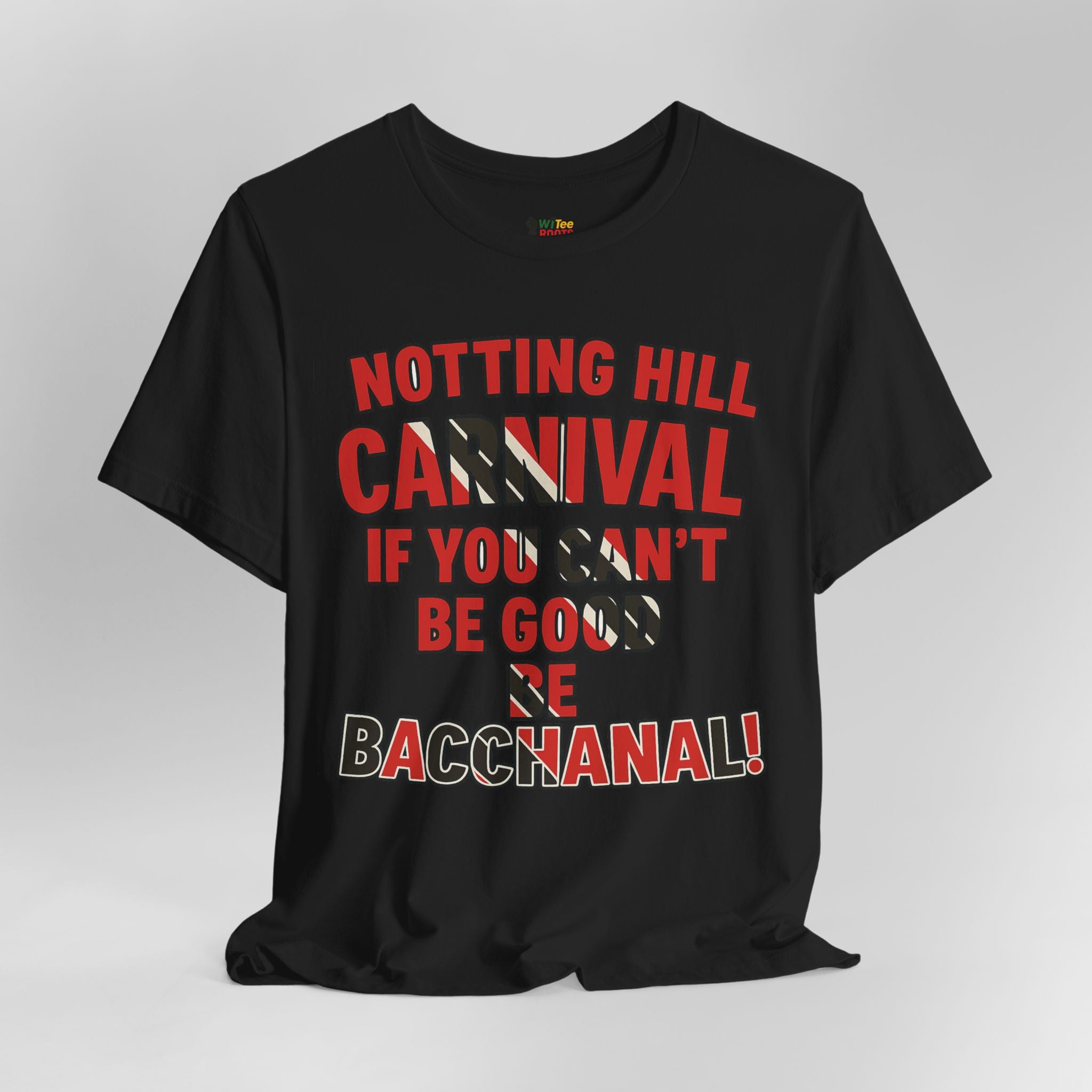 Black t-shirt with red and white text on a gray background