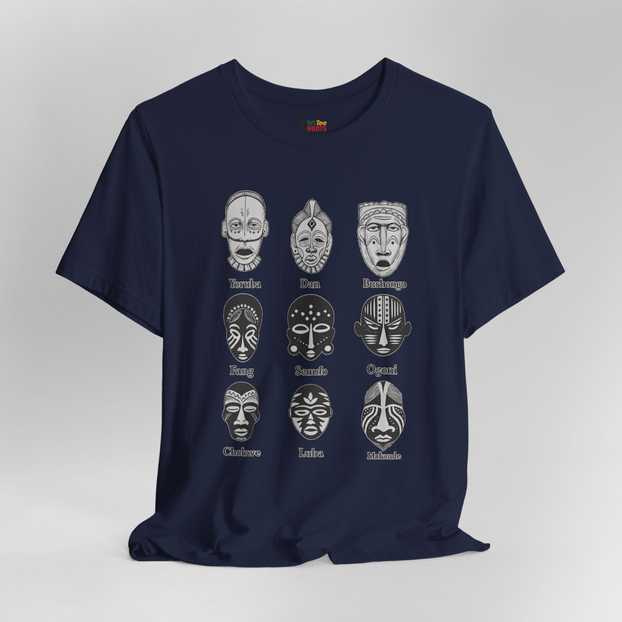 Navy blue t-shirt with white tribal mask designs on a gray background