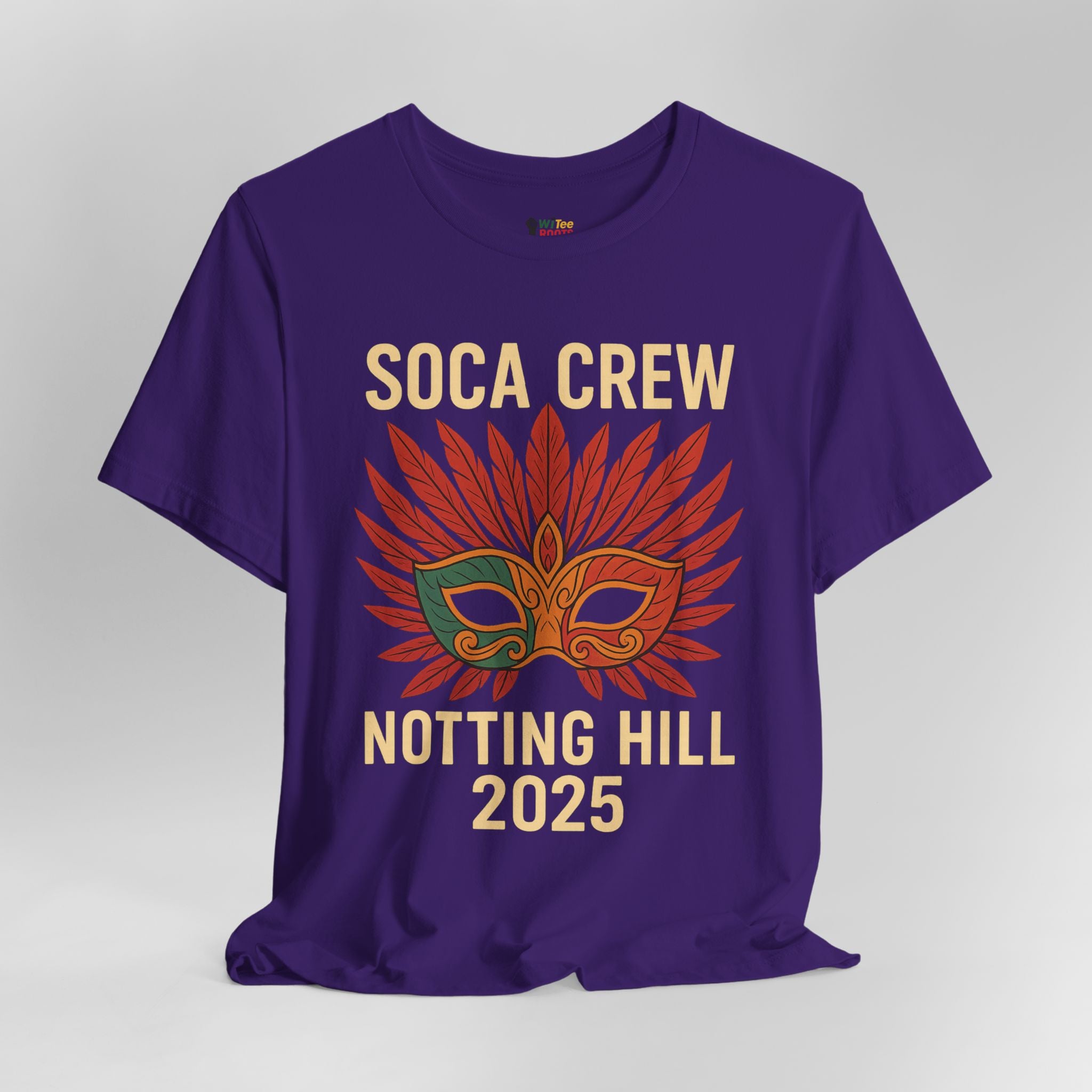 Purple t-shirt with 'Soca Crew Notting Hill 2025' design on a gray background