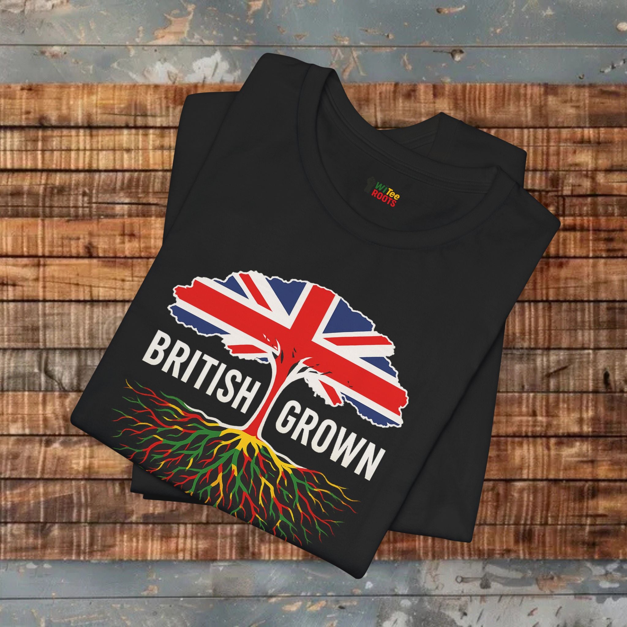 Black t-shirt with British flag and 'British Grown' text on a wooden surface