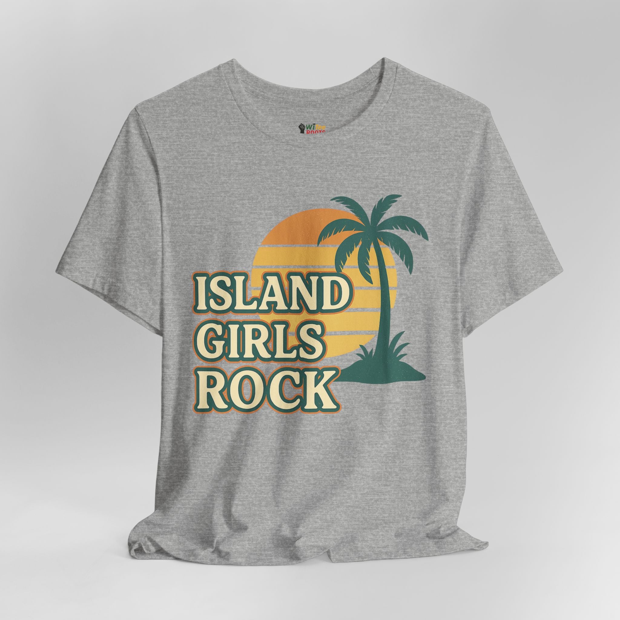 Gray t-shirt with 'Island Girls Rock' graphic on a light gray background