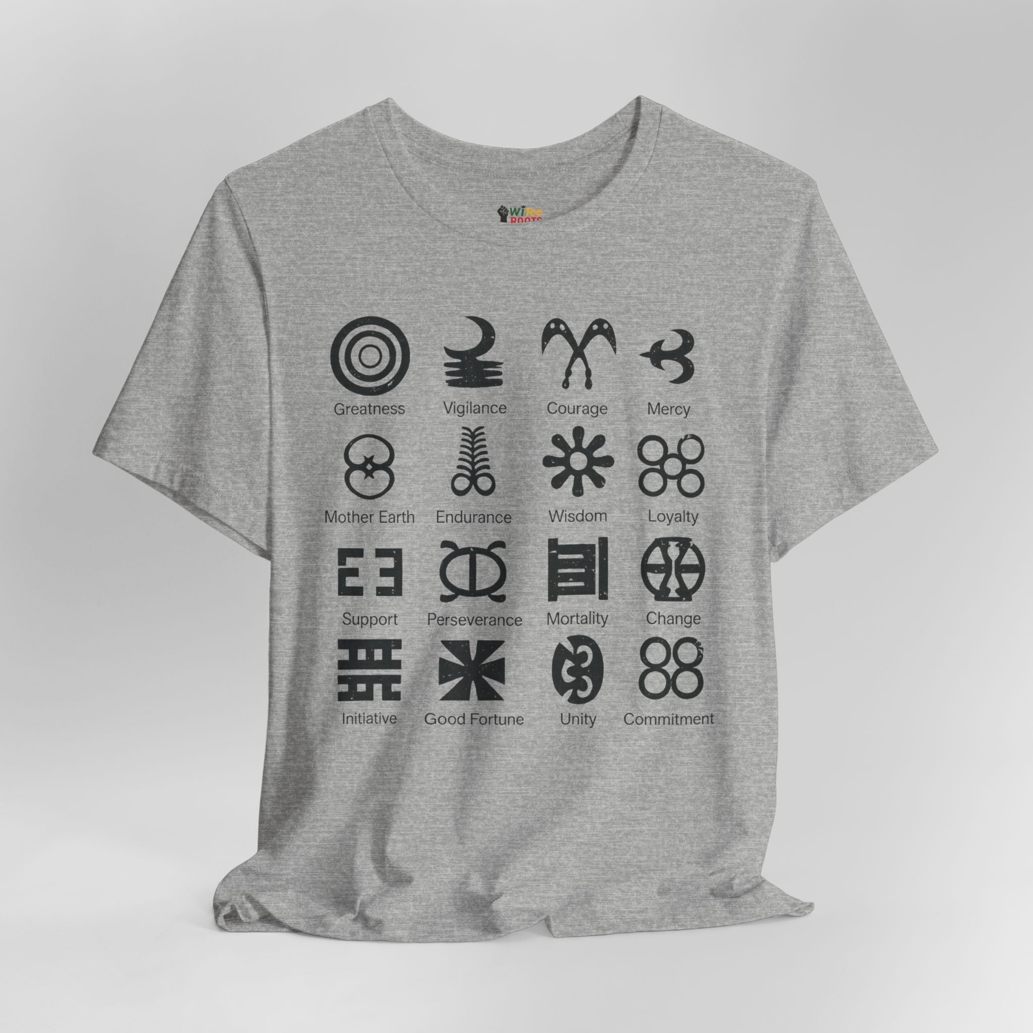 Gray t-shirt with black symbols and text on a white background