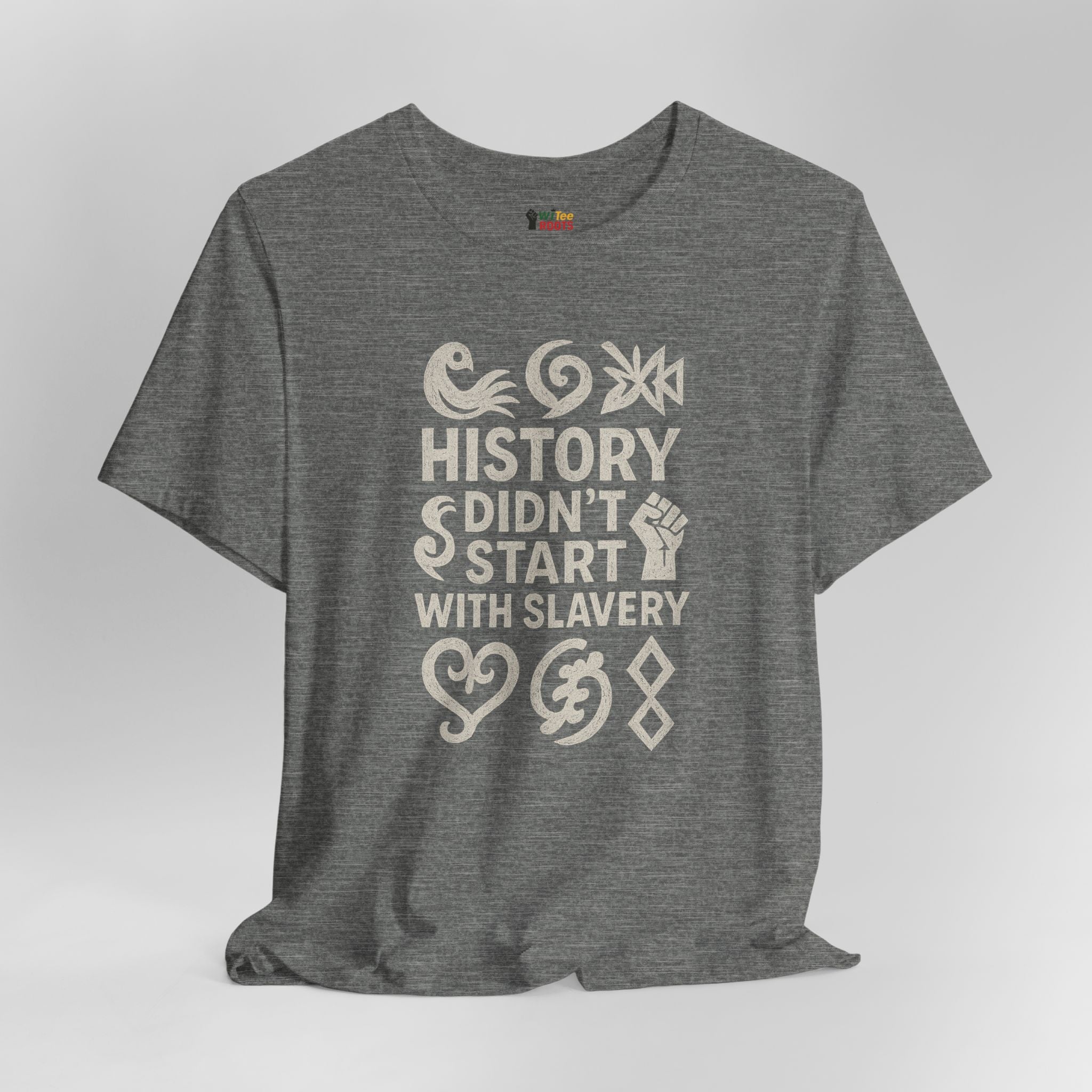 Gray t-shirt with white text and symbols on a light gray background