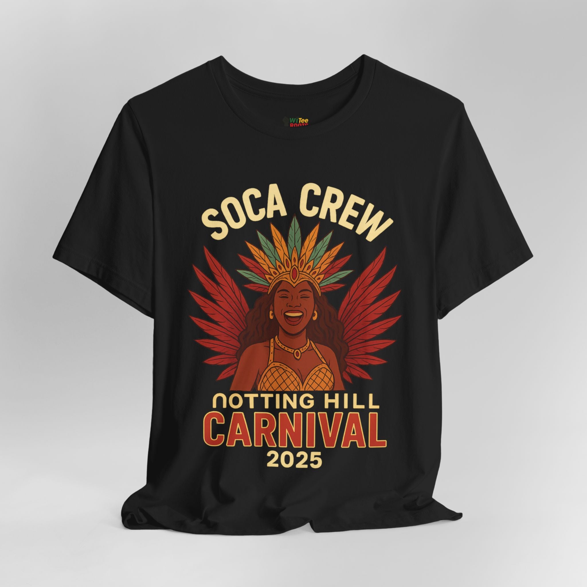 Black t-shirt with 'Soca Crew Notting Hill Carnival 2025' design on a gray background