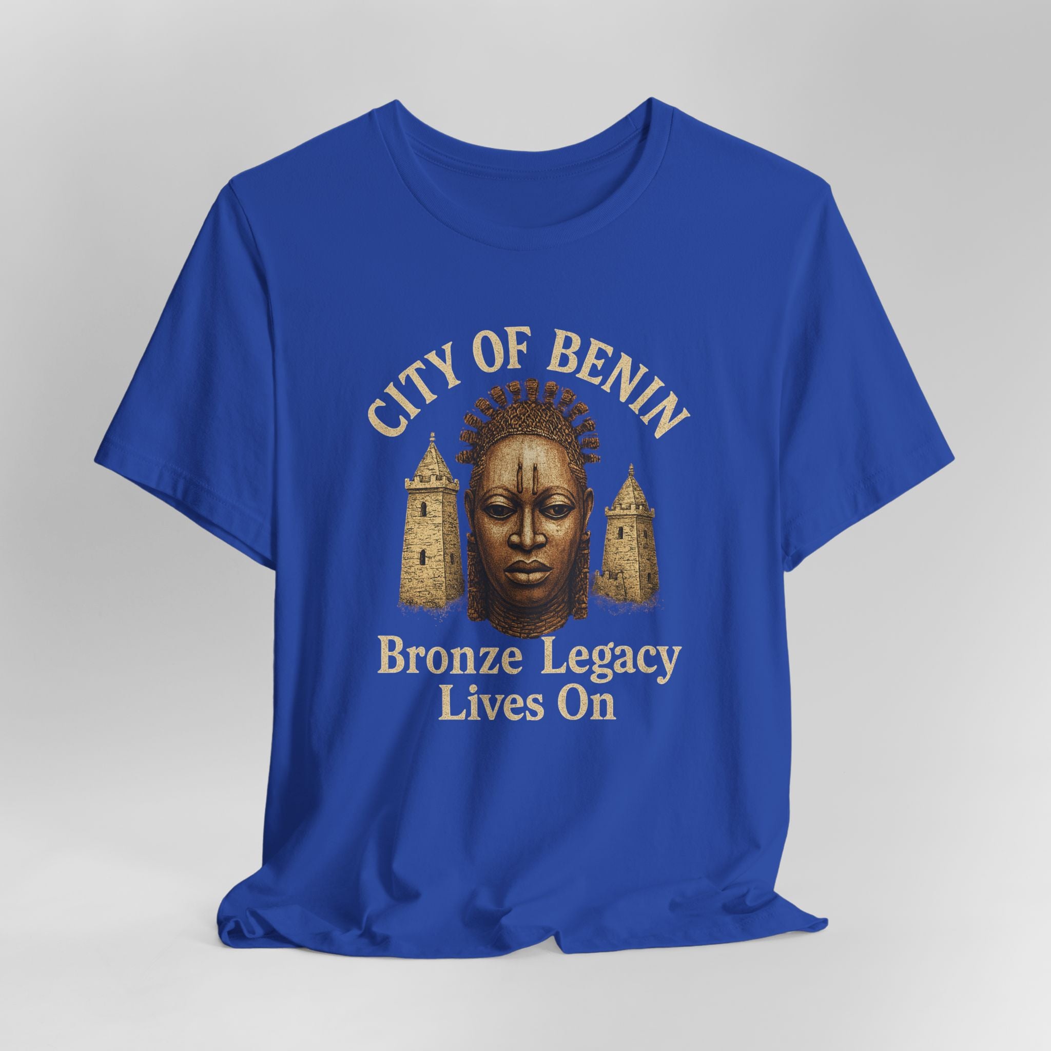 Blue t-shirt with 'City of Benin Bronze Legacy Lives On' design on a gray background