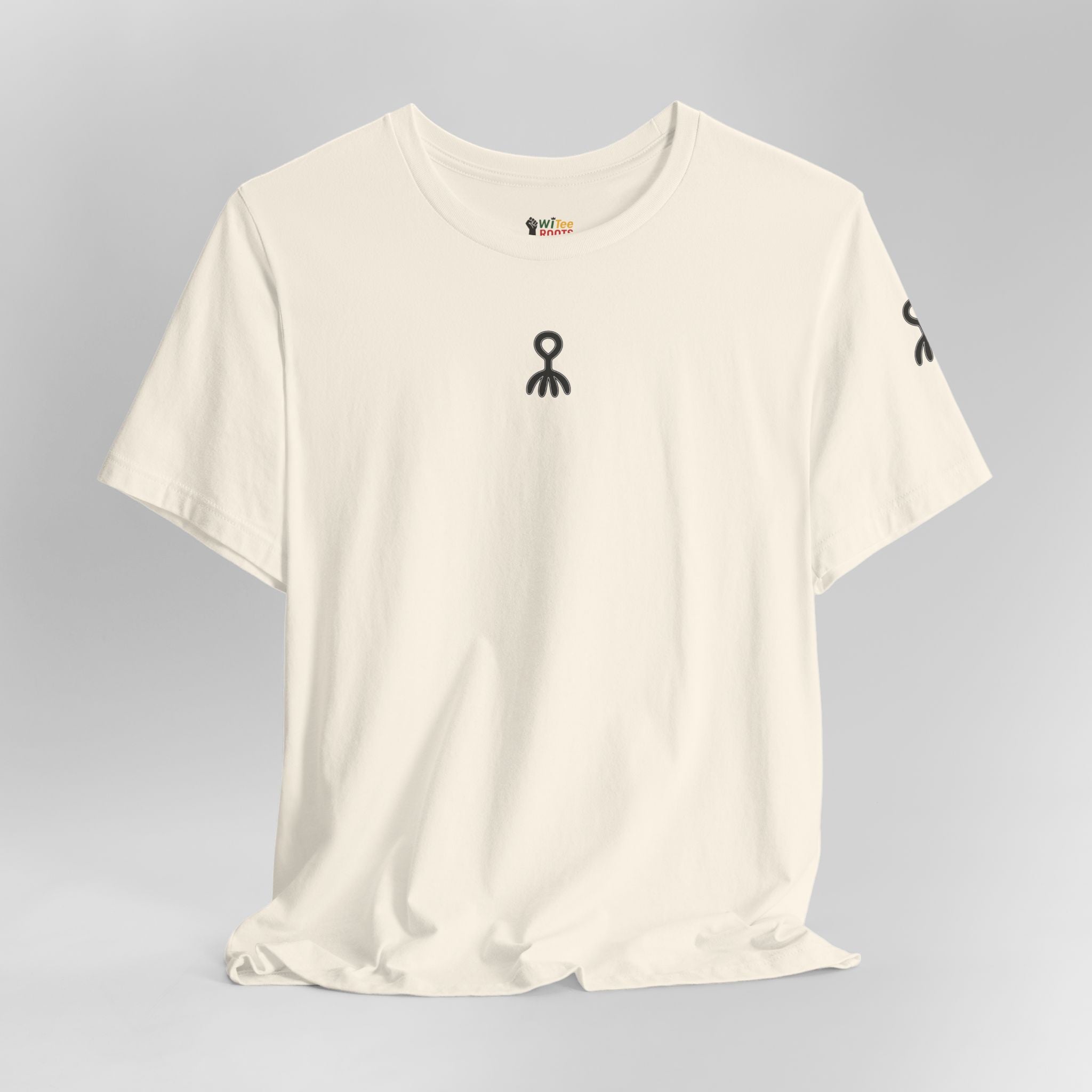 White t-shirt with black logo on a gray background