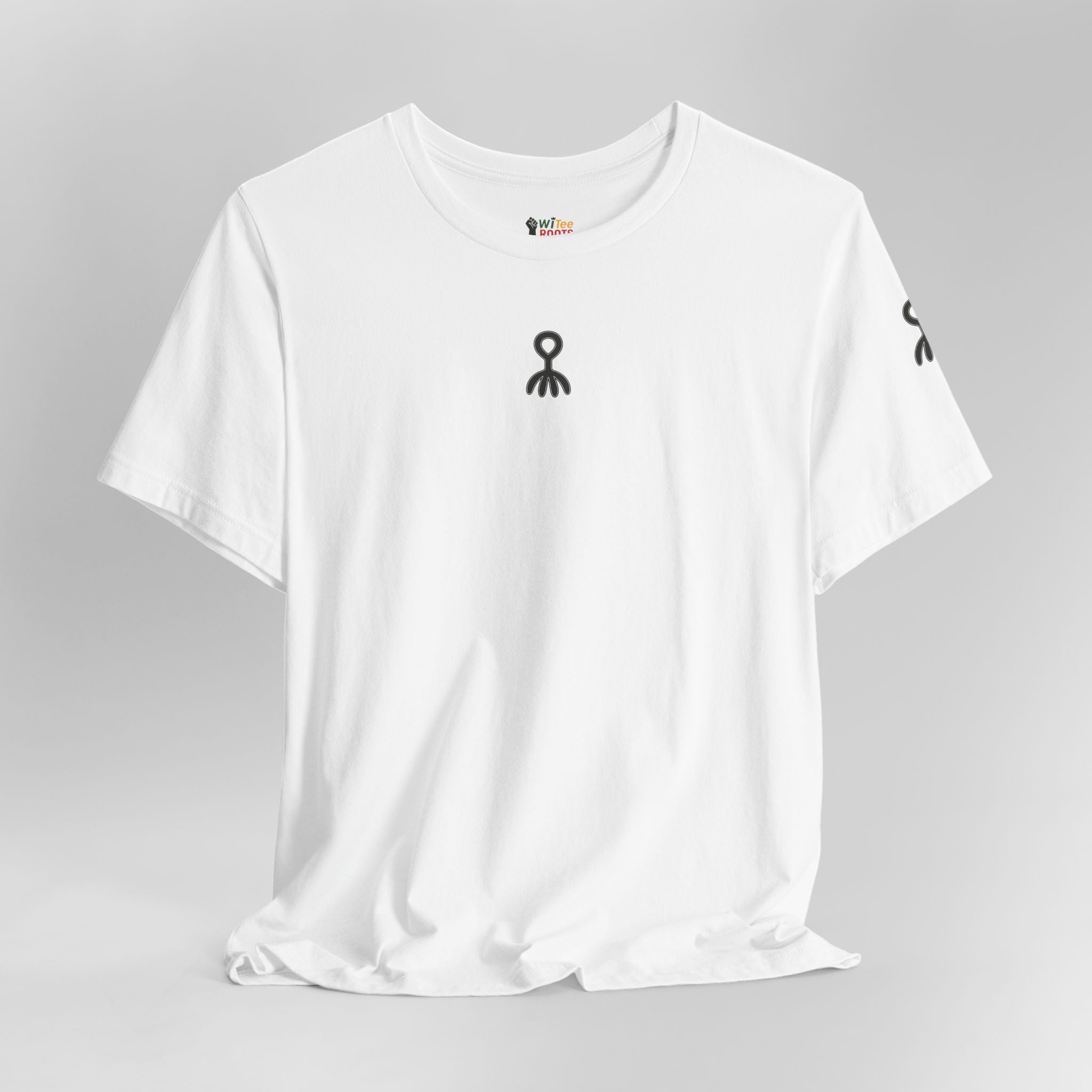 White t-shirt with black logo on a gray background