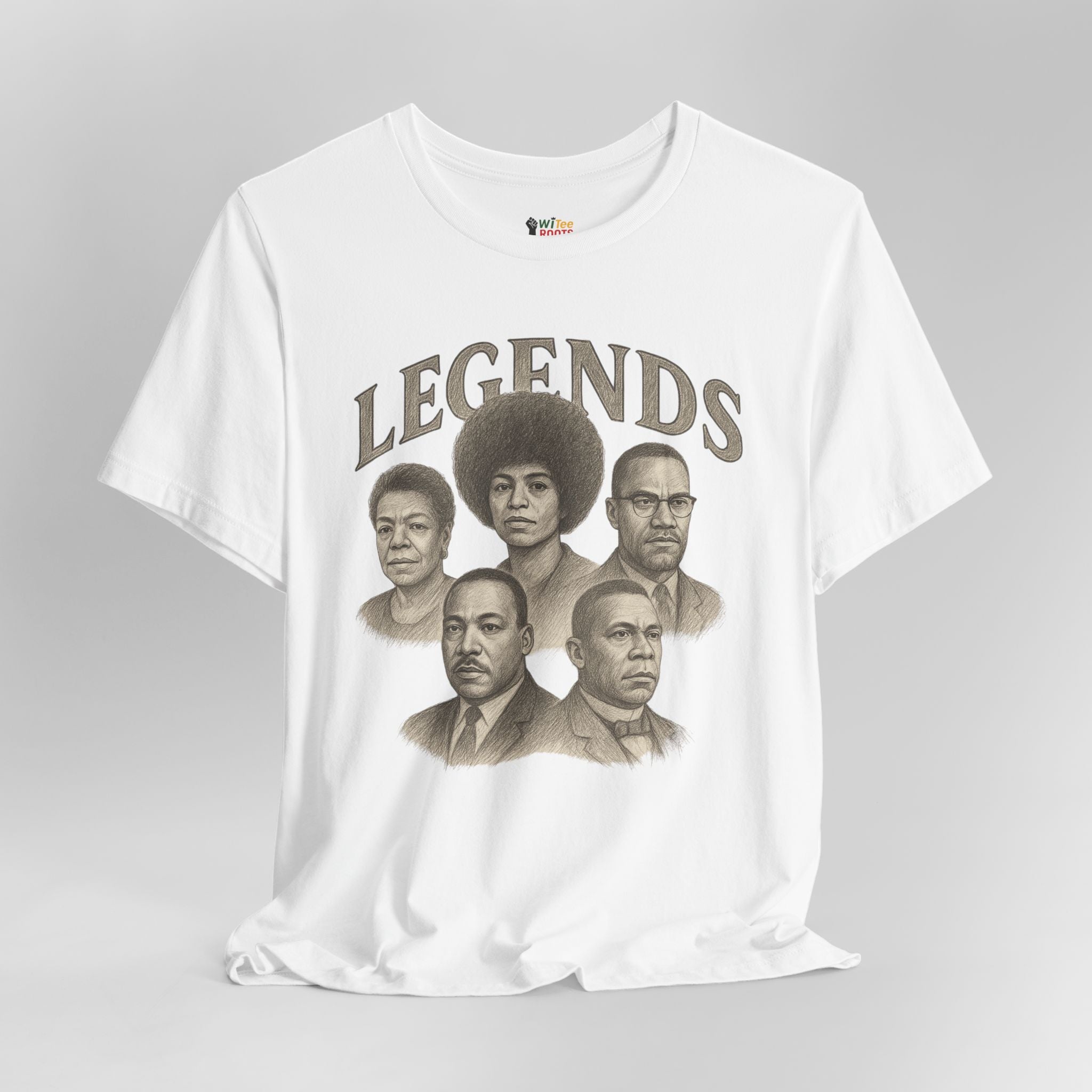 White t-shirt with graphic of five individuals and 'LEGENDS' text on a gray background