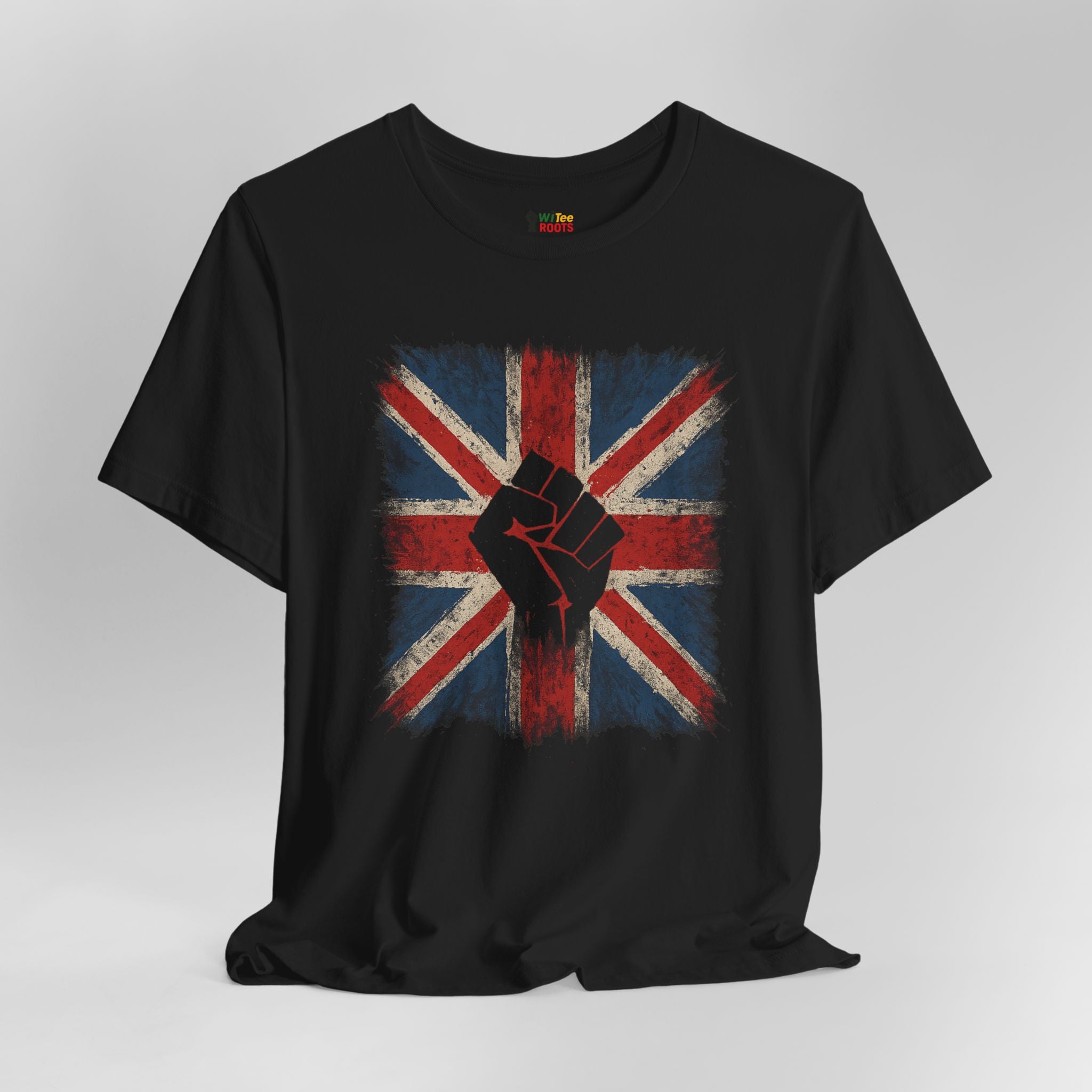 Black t-shirt with a Union Jack design featuring a red fist on a gray background
