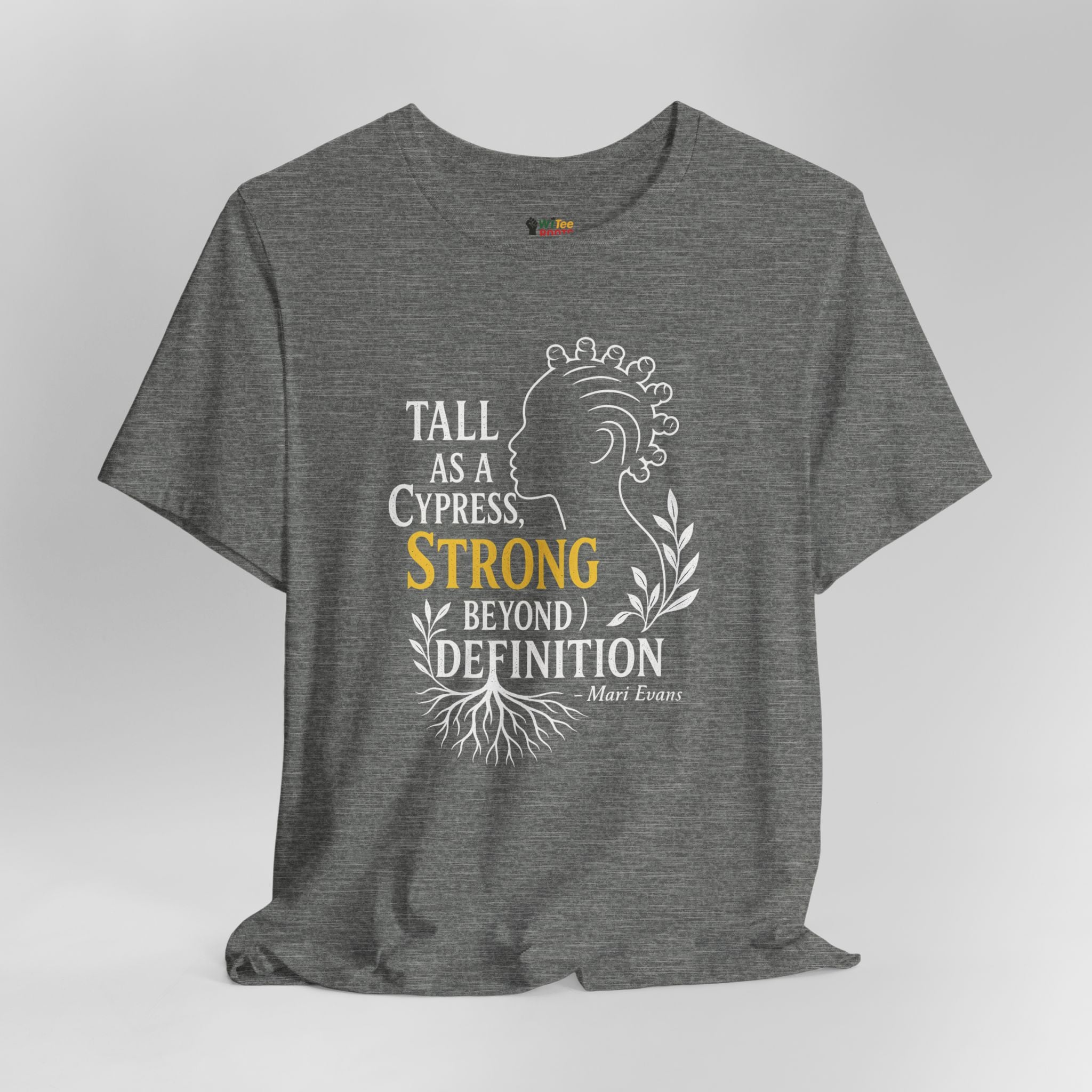 Gray t-shirt with motivational quote design on a white background