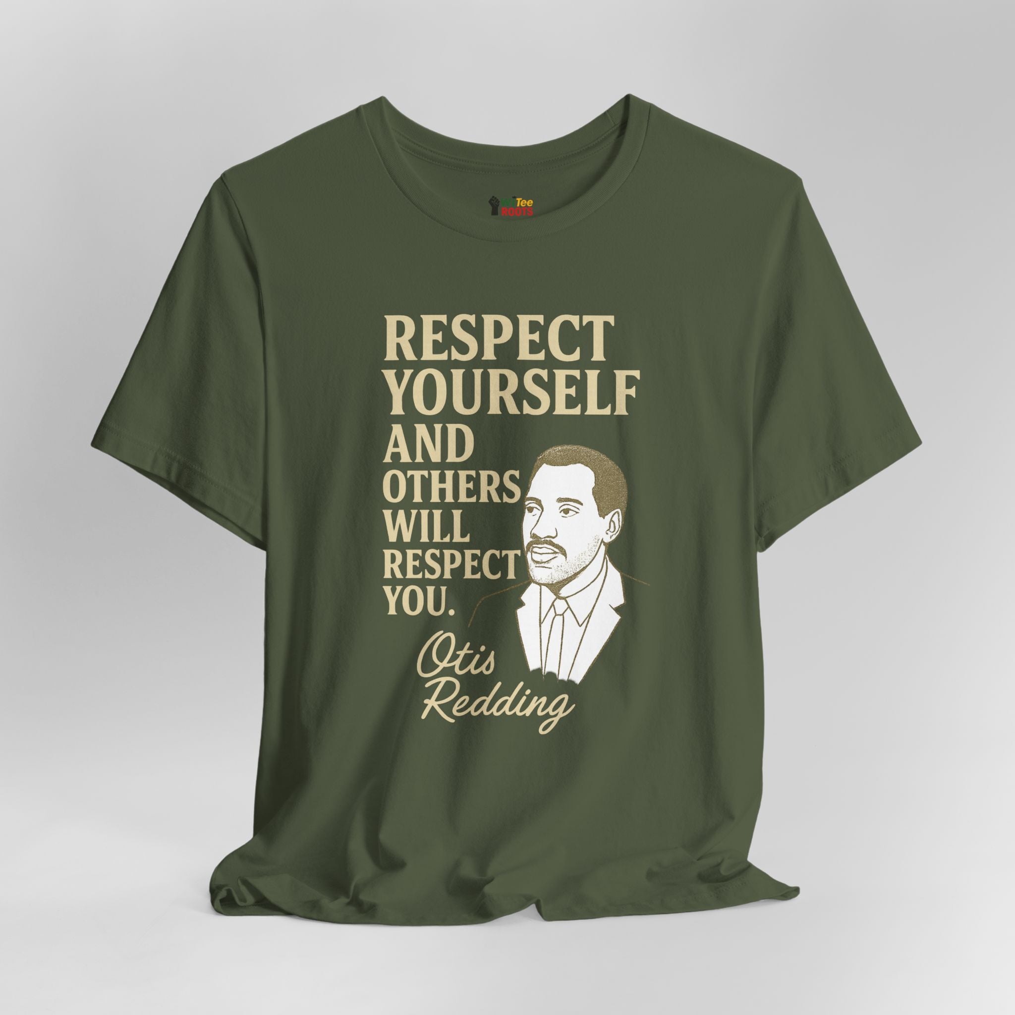 Green t-shirt with a quote and portrait on a gray background. Otis Redding
