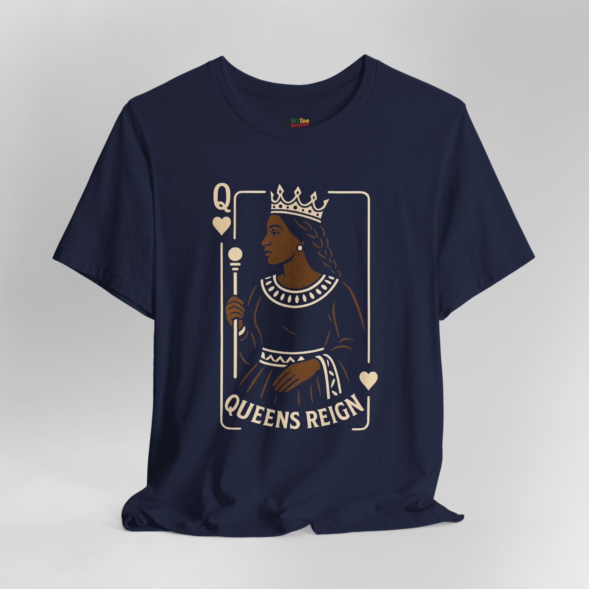 Navy blue t-shirt with a graphic of a queen holding a scepter and the text 'Queens Reign' on a gray background.