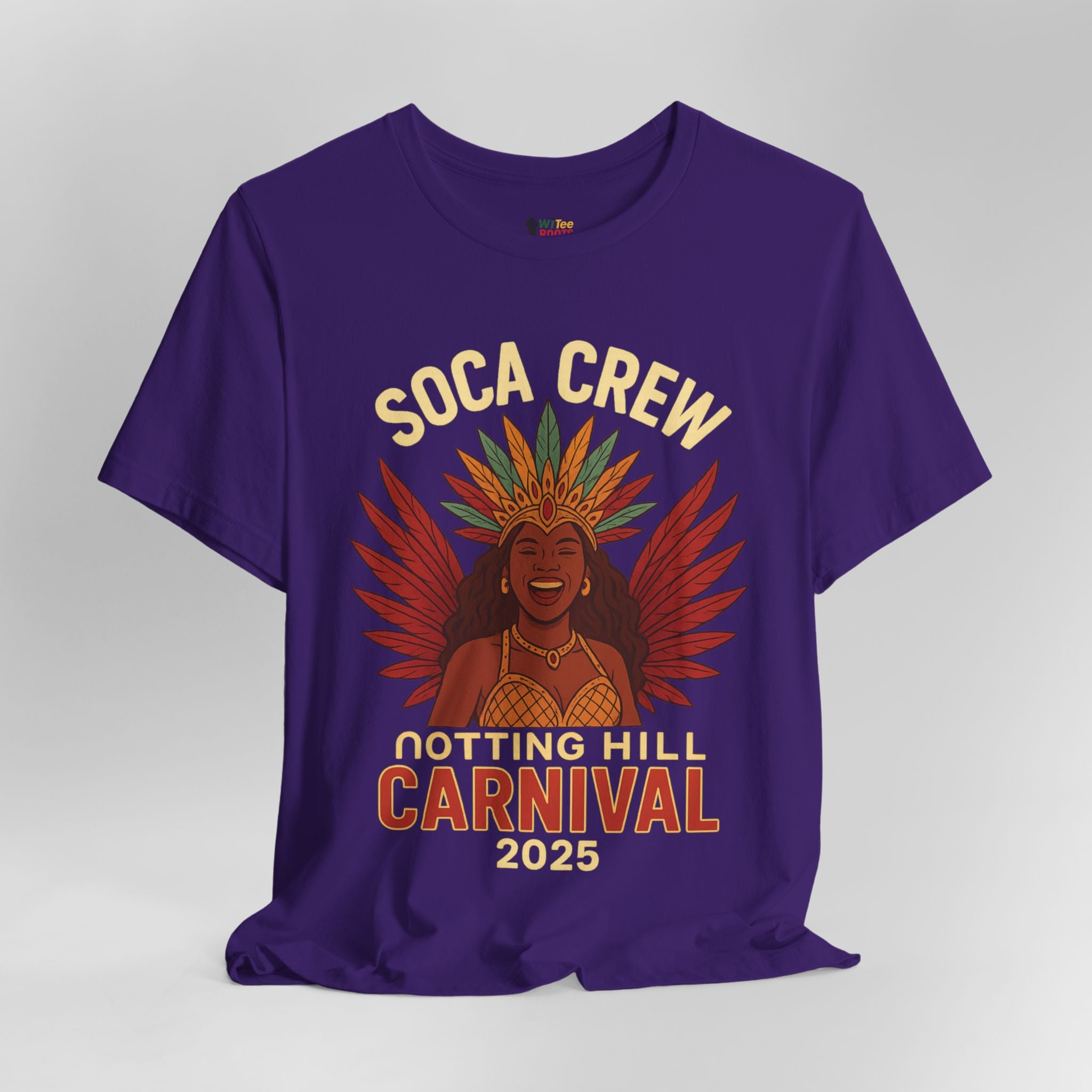 Purple t-shirt with 'Soca Crew Notting Hill Carnival 2025' design on a gray background