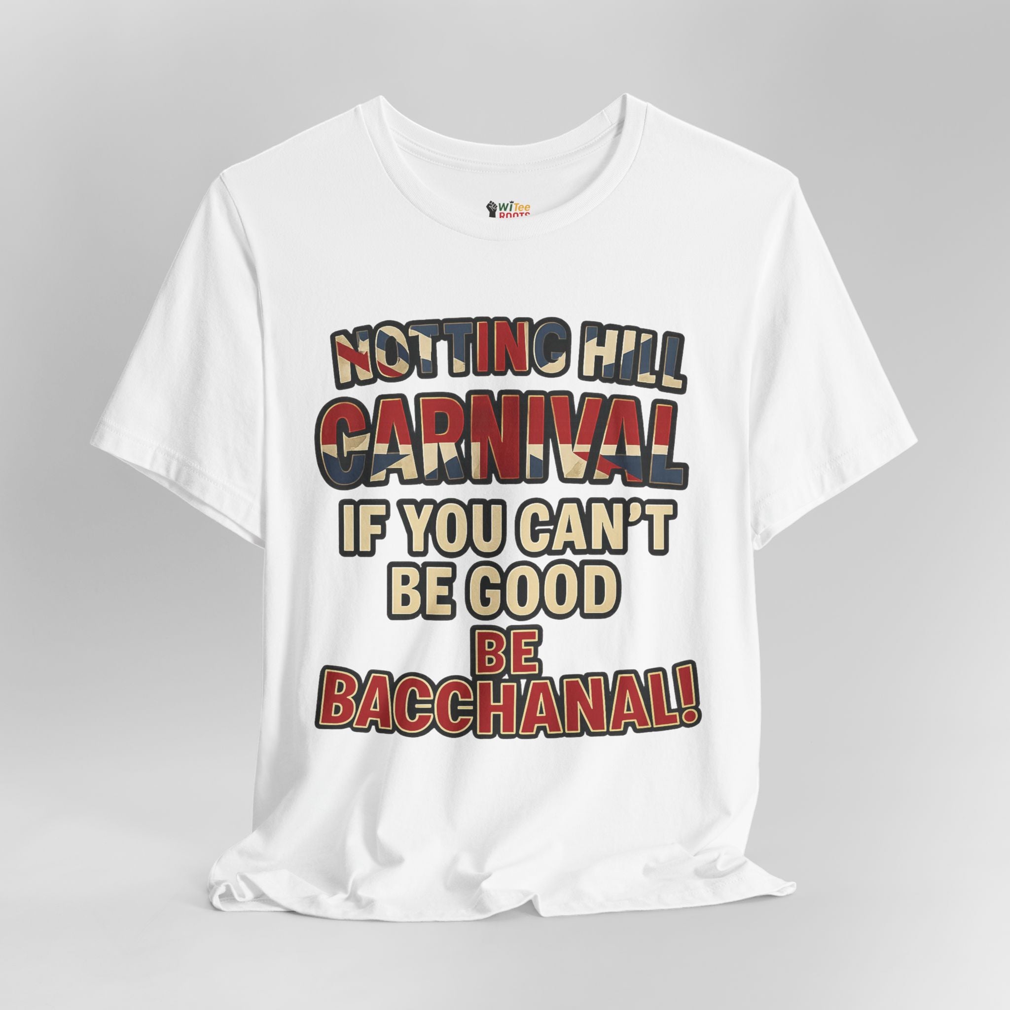White t-shirt with colorful text design on a gray background