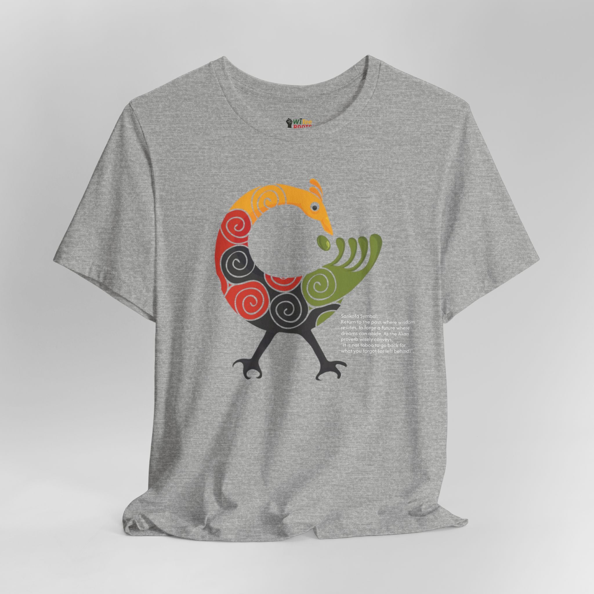 Gray t-shirt with a colorful graphic design on a light gray background