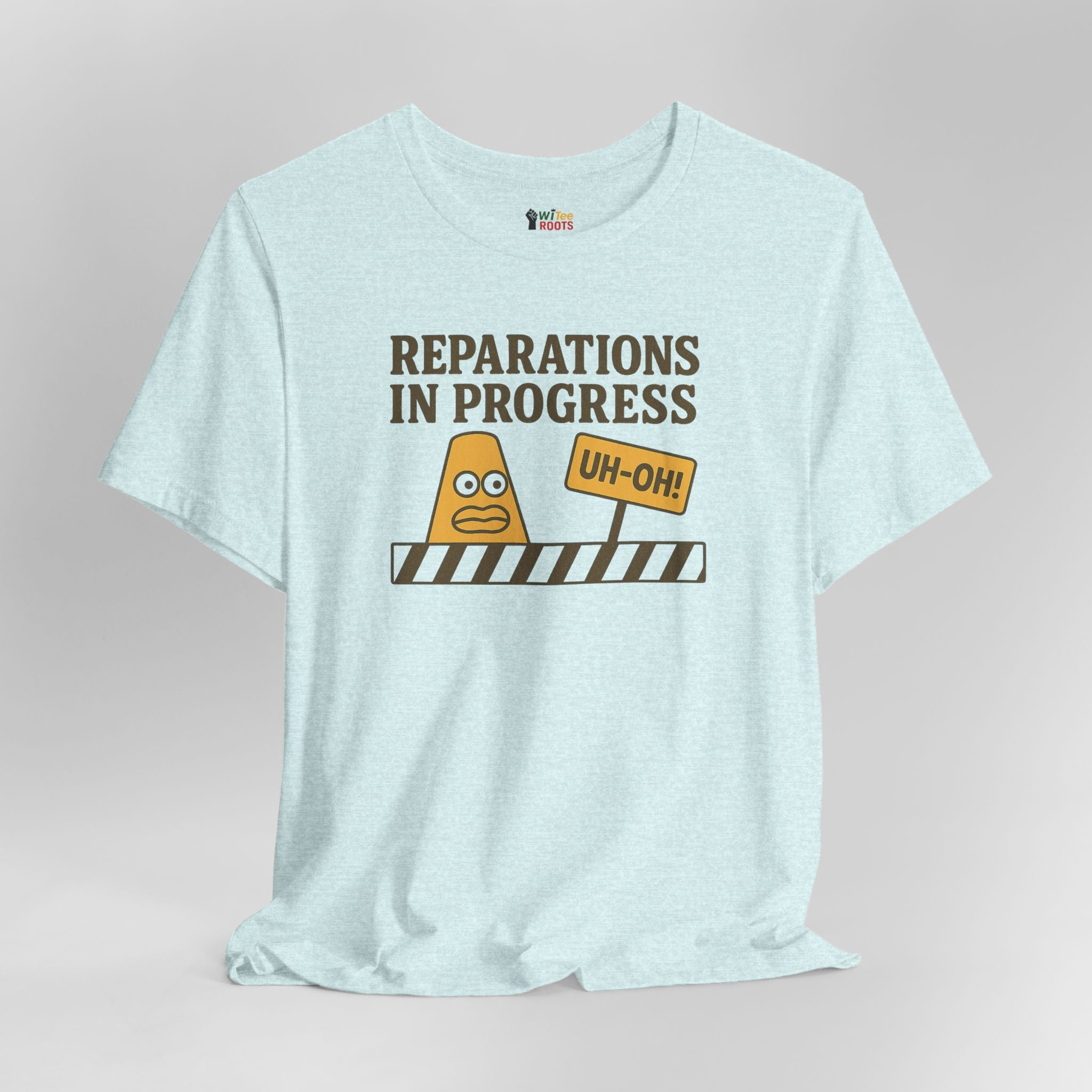 Light blue t-shirt with graphic design and text on a gray background