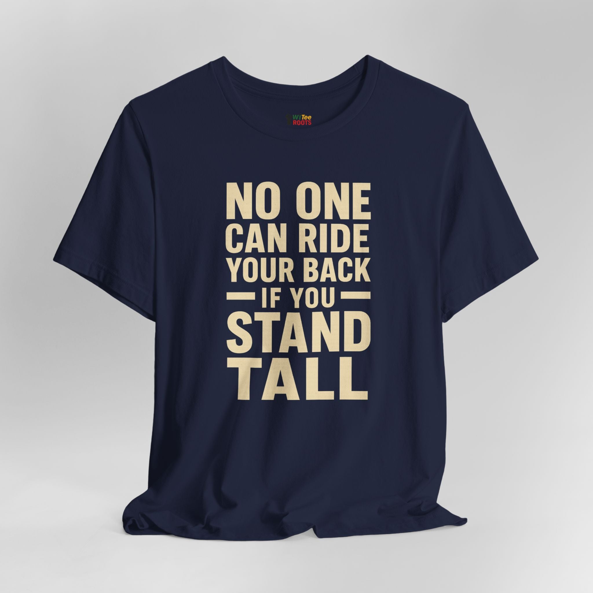 Navy blue t-shirt with motivational quote on a gray background