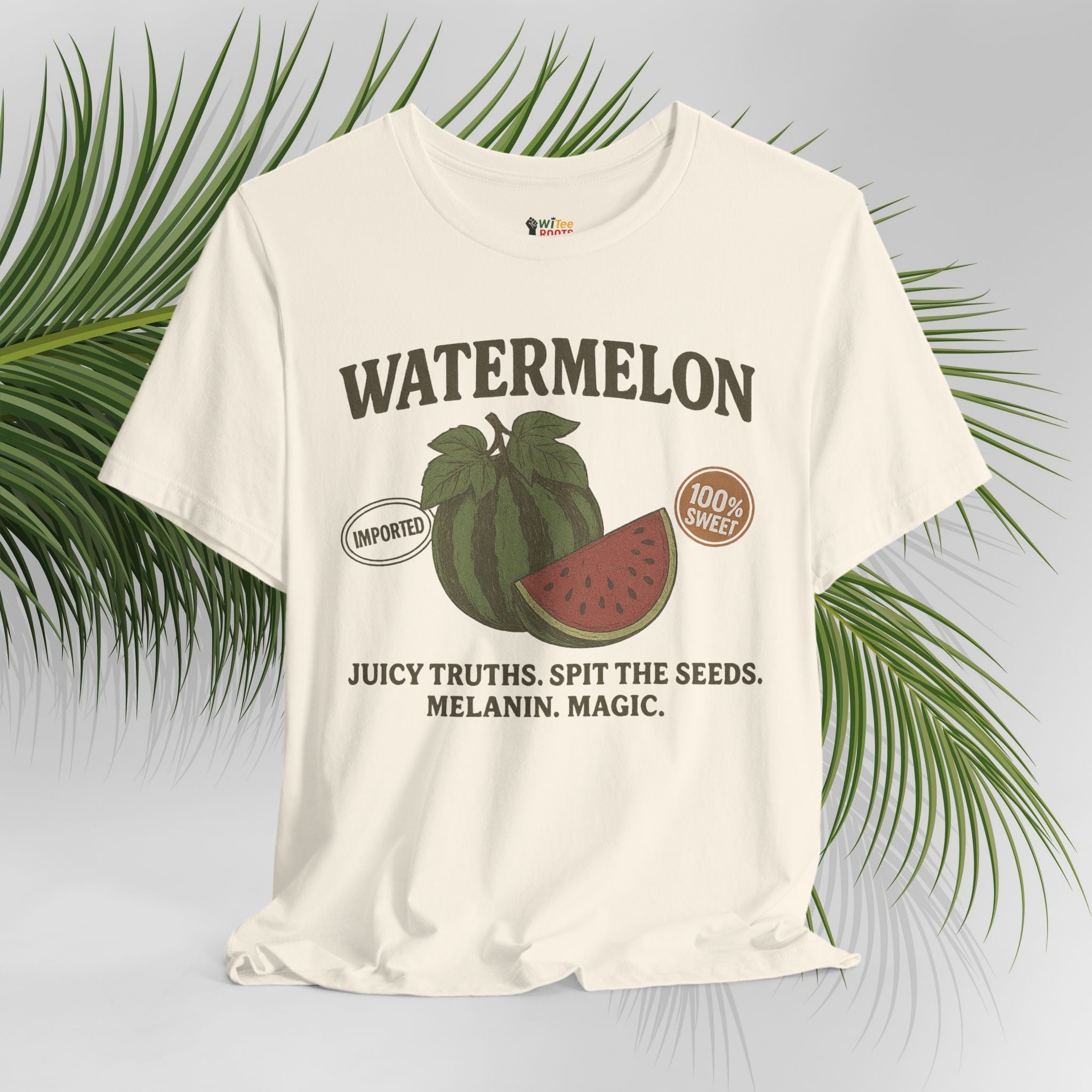 Beige t-shirt with watermelon graphic and text on a light gray background with green leaves.