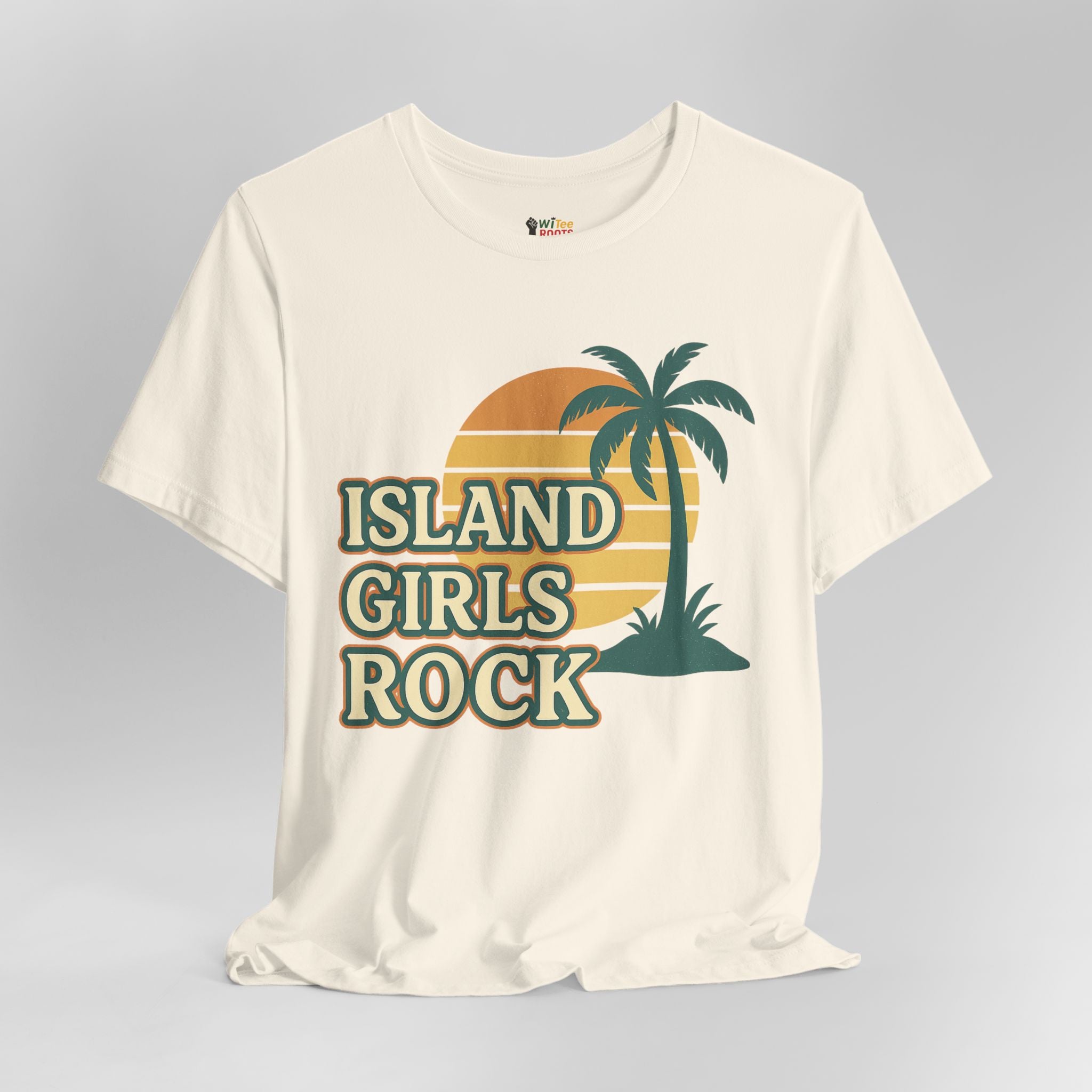 White t-shirt with 'Island Girls Rock' design featuring a palm tree and sunset on a gray background