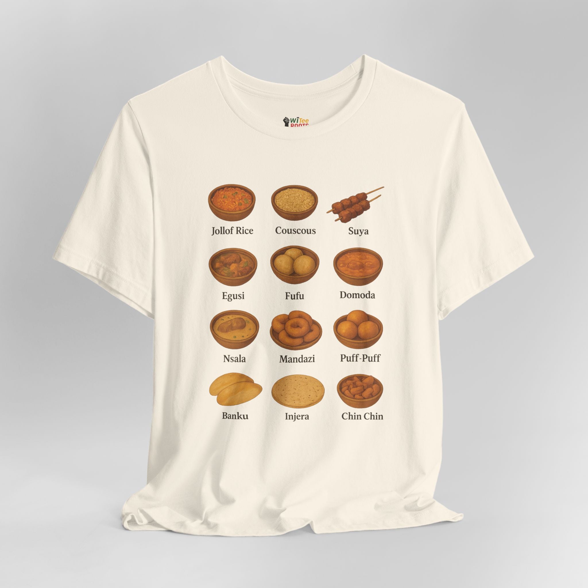 White t-shirt with illustrations of various African dishes and their names on a gray background